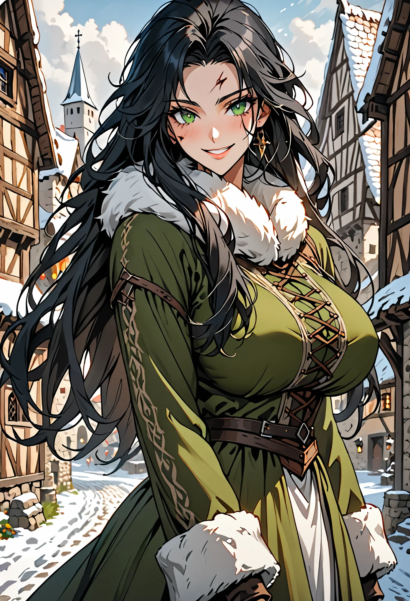 female, solo, long hair, wild hair, black hair, silver streaks in hair, pale skin, scars, green eyes, muscular, exceedingly strong, 7 foot tall, giantess, mischievous smile, warm, huge breasts, wild clothes, underboob, large female, medieval, light tan skin, small town, winter, fur coat
