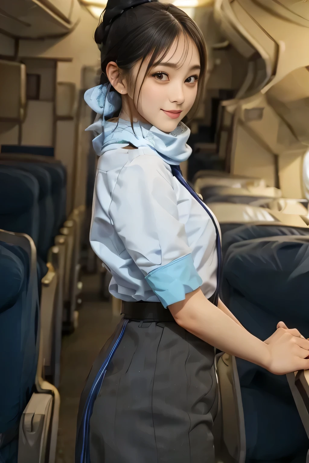 (masterpiece:1.2, Best Quality:1.2), 32K HDR, High resolution, (Alone、1 girl)、（On the roof of a building during the day、Professional Lighting）、Building rooftop background、（ANA cabincrew uniform blueを着たリアルスタイル）、（（ANA cabincrew uniform blue short sleeve blouse 、 ANA cabincrew uniform blue skirt with blue line on the back、Scarf around the neck））、Dark brown hair、（Super Long Hair、Braids）、Dark brown hair、Long Shot、Big Breasts、Thin legs、（（Great hands：2.0）），（（Harmonious body proportions：1.5）），（（Normal limbs：2.0）），（（Normal finger：2.0）），（（Delicate eyes：2.0）），（（Normal eyes：2.0））)、smile、（ANA cabincrew uniform blueを見せた美しい後ろ姿）、Hands down