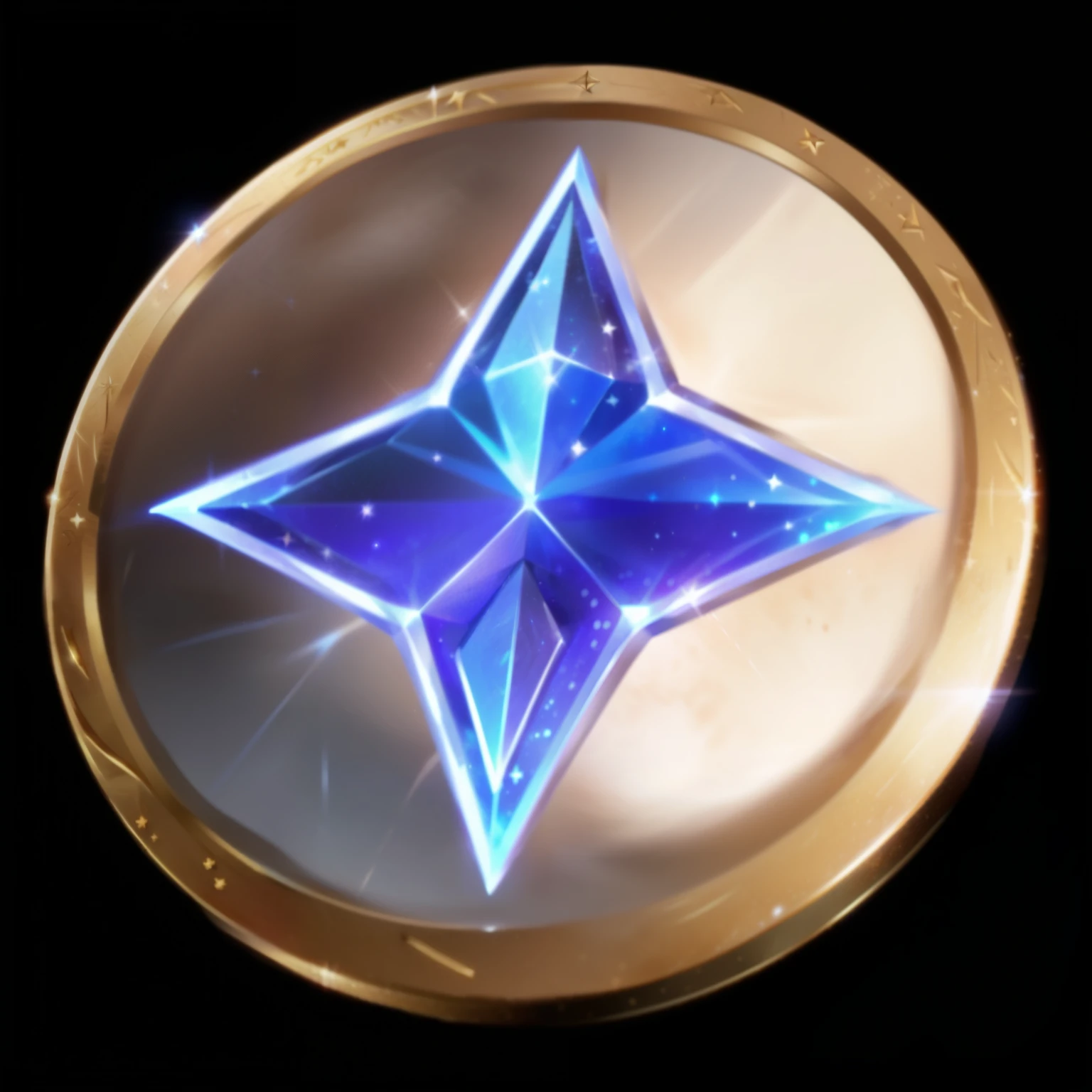 Close-up of stars on silver coin, Magic spell icon, Magic Star, Metal material，Magic Elements，World of Warcraft Spell Icons, Game Items,League of Legends Inventory Items，Stylized game icons, League of Legends style