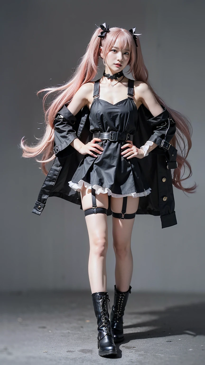 (8k、RAW Photos、Please redeem、masterpiece:1.2)、(Realistic、Realistic)、1 girl、((Black coat、Twin tails、I can see your shoulders、Checked mini skirt、Pink Hair、See-through、Fluttering in the wind、Slim silhouette、Black Dress、whole body、garter、Knee socks、Accentuate your breasts、blonde、whole body、View from the front、Ribbon on chest、boots、Dark Stage、Looking into the camera、belt、Stand with hands on hips))、