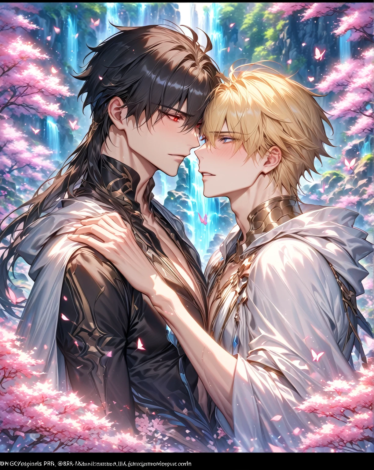 absurdres, highres, ultra detailed, HDR, master piece, best quality, detailed eyes, detailed face, delicated features, Gilgamesh, short blonde hair, expressive red eyes, Fate Grand Order, Xaiver Zhong li, wild black hair, expressive icy-blue eyes, two sexy men together, handsome, yaoi, gay couple, in love, boyfriends, adult face,adult, hooded white cape, cropped black shirt, silver accessories, arabian, white tunic, fantasy, magical, cherry blossoms, pink flowers, pink butterflies, waterfall, rocks, pink petals, nature, spring, Genshin Impact