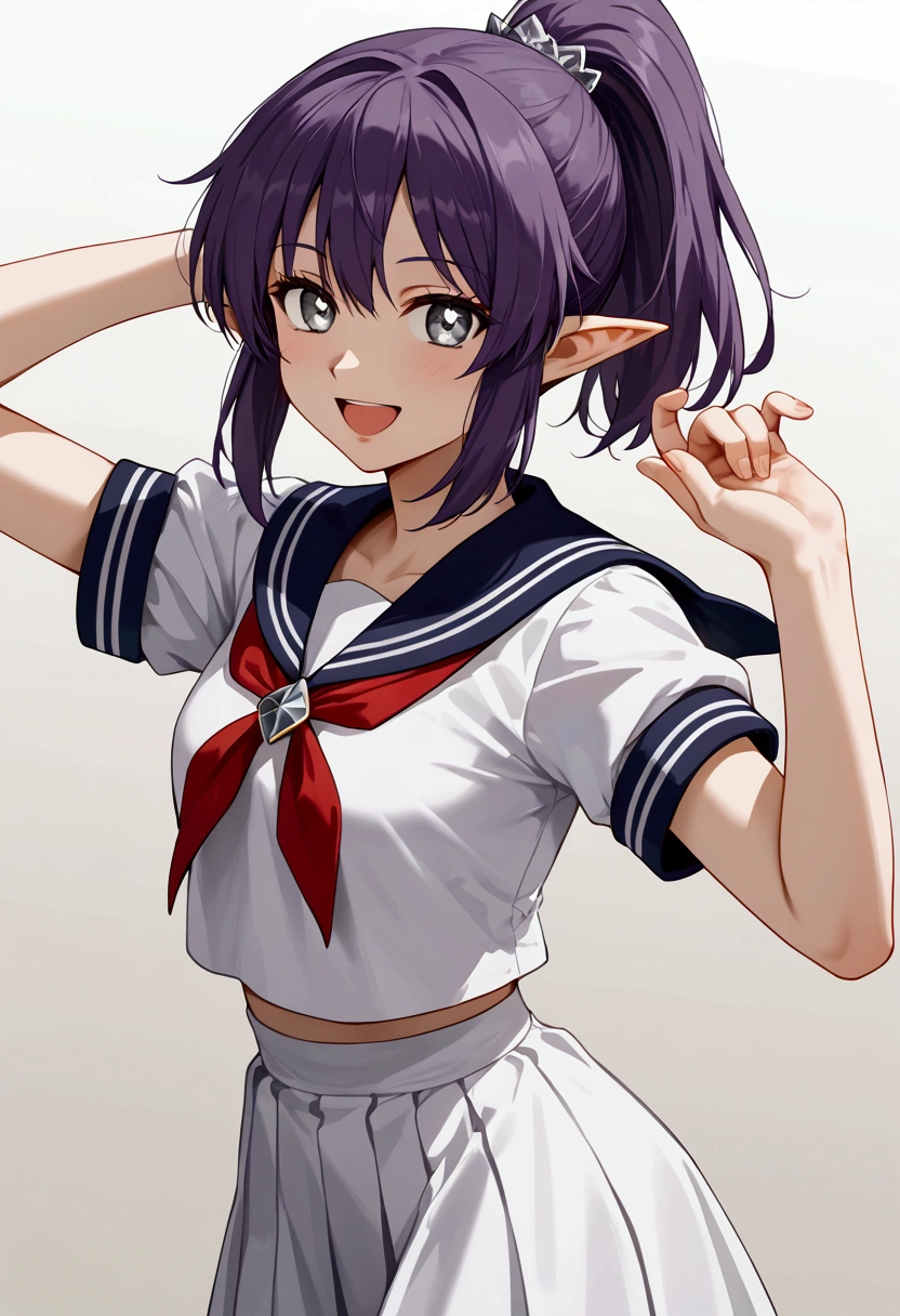 (8k, RAW photo, best quality, masterpiece:1.2),(extremely detailed 8k wallpaper), modelshoot style , purple hair,very short hair,ponytail,single hair intake,grey eyes, diamond-shaped pupils,sailor dress, happy,long pointy ears , dashed eyes, stylish pose,standing,looking at viewer