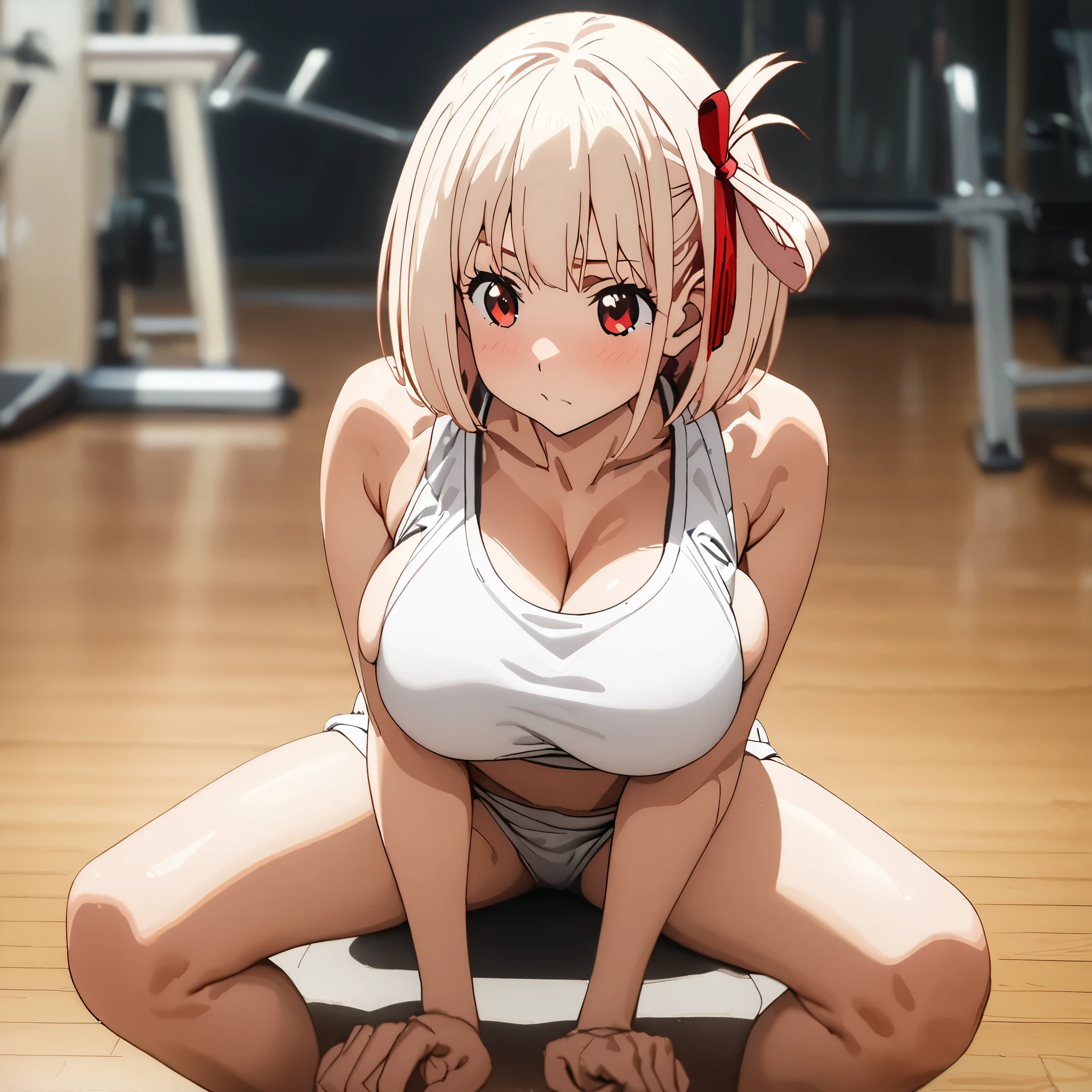 chisato nishikigi, short hair, bangs, blonde hair, red eyes, hair ribbon, one side up, bob cut, large breasts, white sports bra, no pants ,show virgina, ,breast squeeze, sitting floor, spread legs, bend forward, gym, solo, best quality, ultra-detailed, high resolution, 8K, 