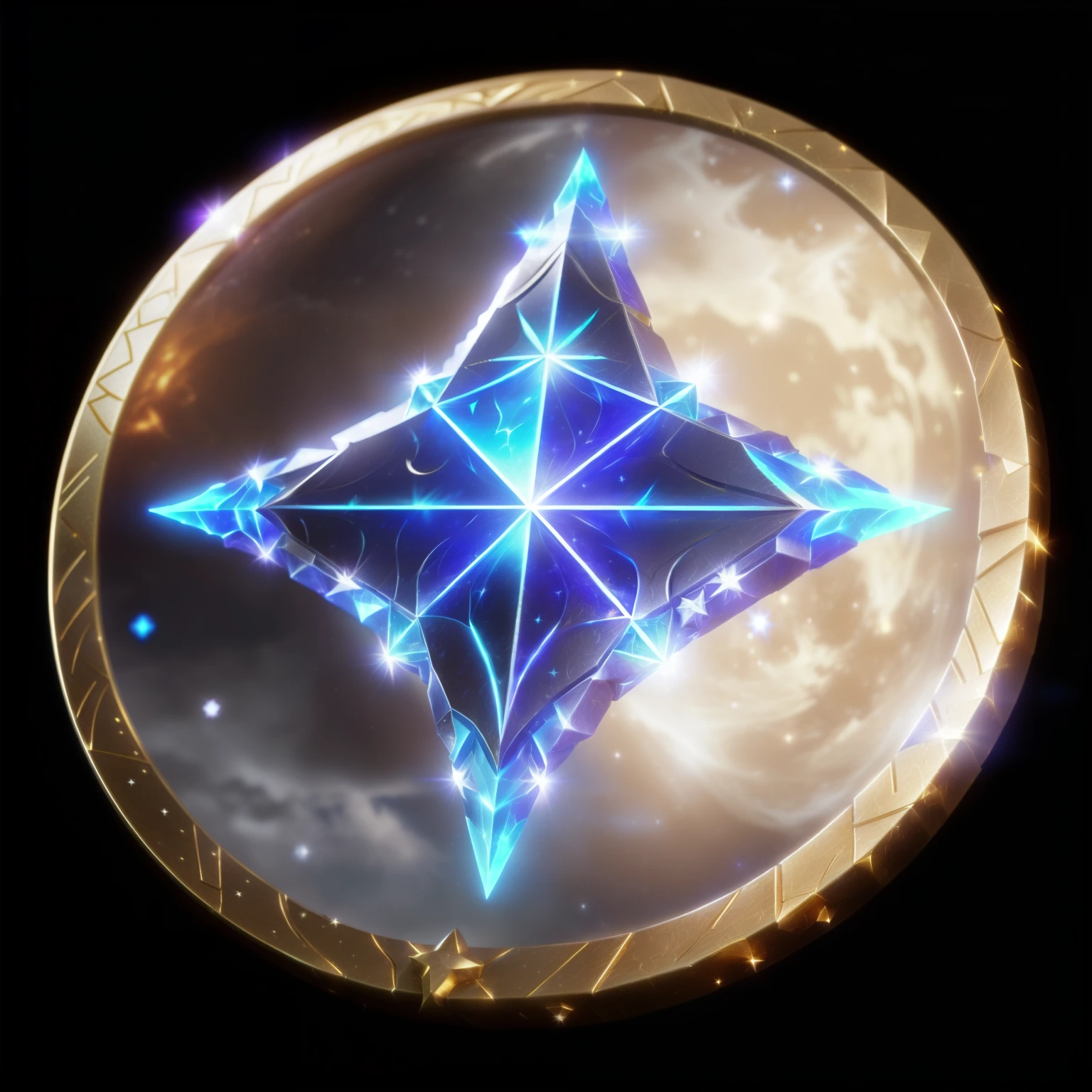 Close-up of stars on silver coin, Magic spell icon, Magic Star, Metal material，Magic Elements，World of Warcraft Spell Icons, Game Items,League of Legends Inventory Items，Stylized game icons, League of Legends style