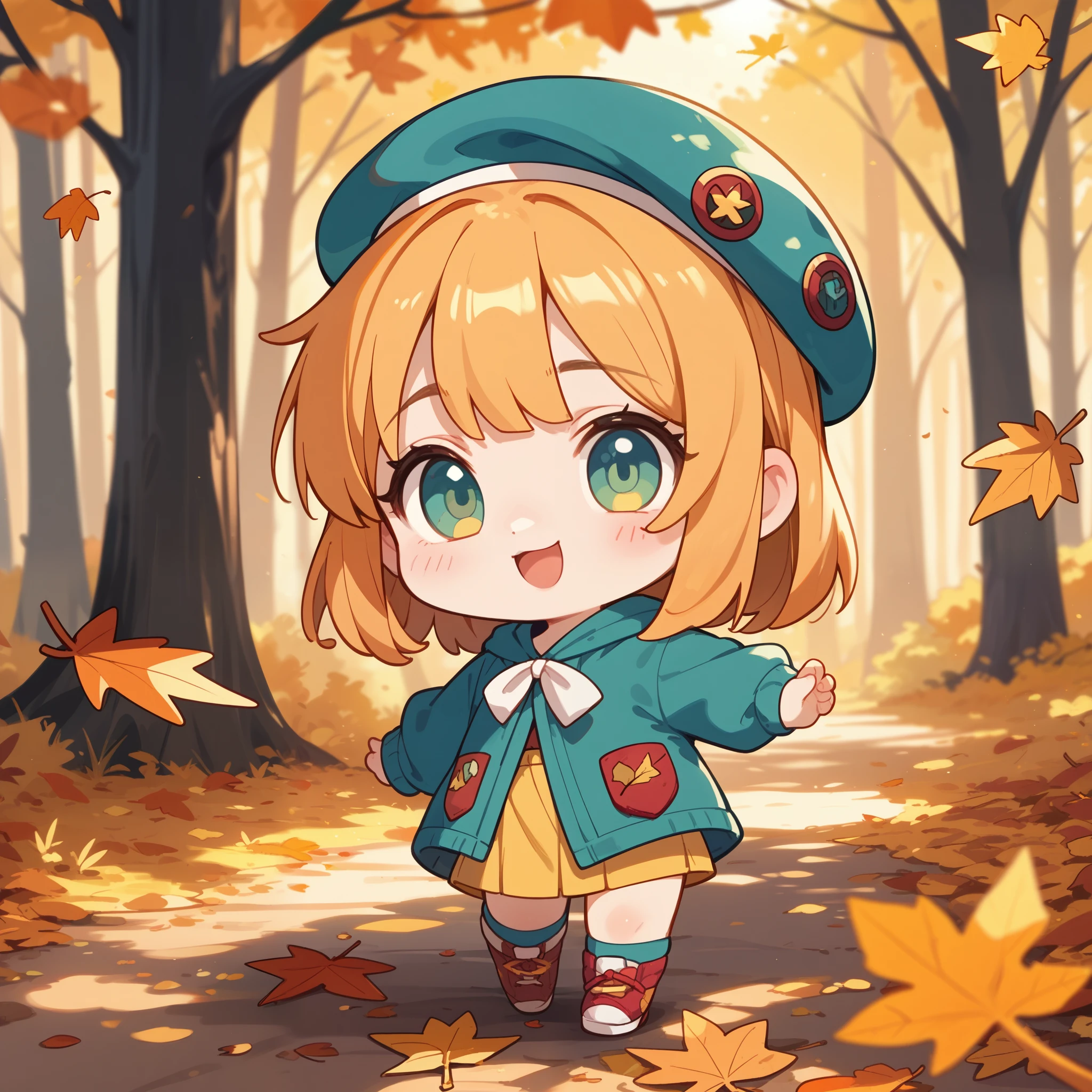 3D rendering, Q printmaking style,chibi,SOLO,A cute girl sticker, A cute girl wearing a beret,Maple forest in autumn，Scattered maple leaves，Soft sunshine，Soft light