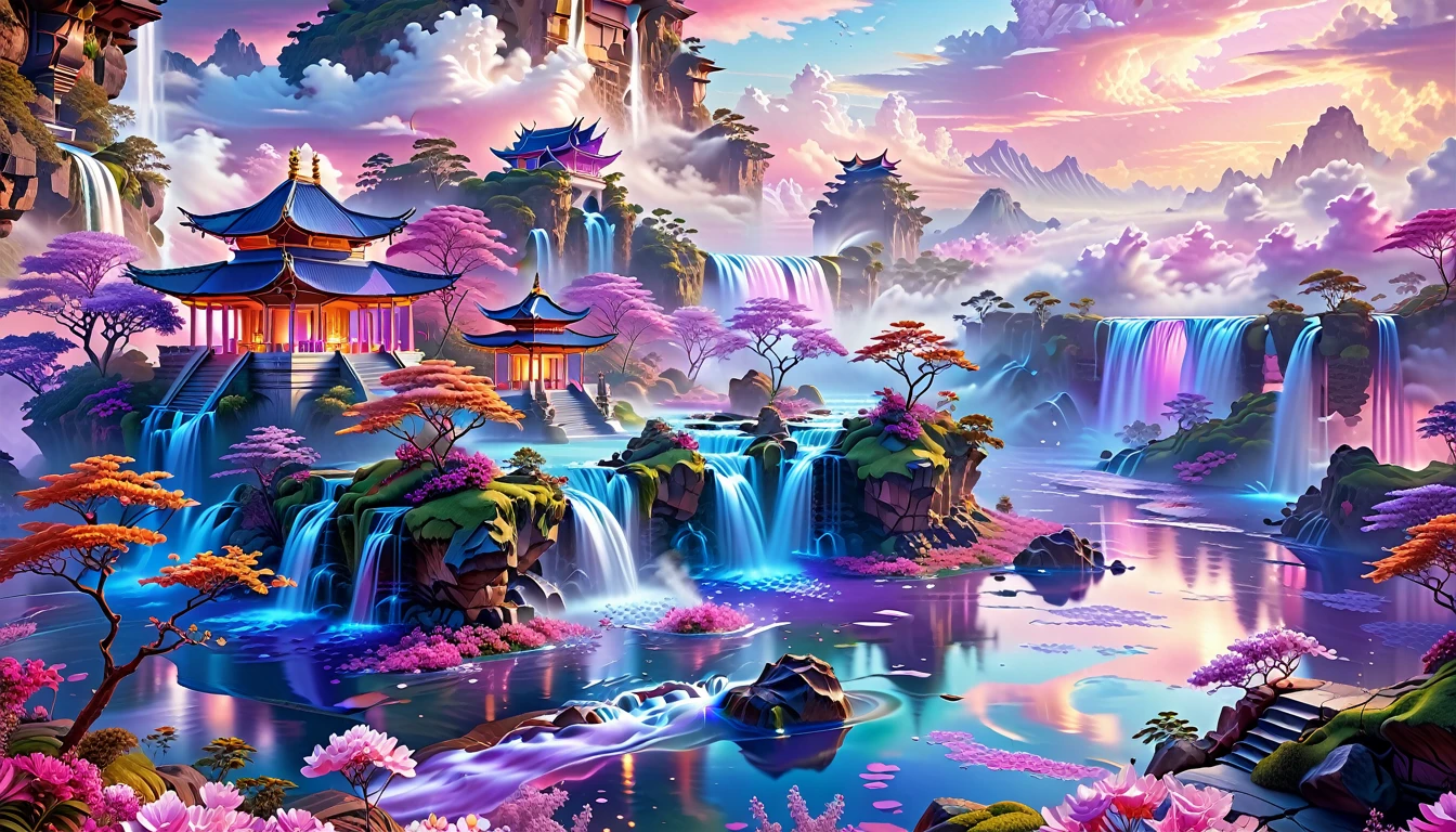 A Masterpiece In 32K Resolution, Supreme Quality, Super Detail, Official Art, Very High-Resolution 32K Wallpaper, Fantastical And Dreamlike, Ultra-Detailed Features, Aerial Serenity. Floating Islands Drift Through A Canvas Of Pastel Skies, Adorned With Fluffy Clouds In Shades Of Pink And Lavender. Waterfalls Cascade From The Islands Into The Ethereal Mist Below, While Delicate, Glowing Flowers Bloom In Vibrant Colors. In The Distance, A Majestic Temple With Intricate Architecture Stands Tall, Basking In The Soft Glow Of Twilight.