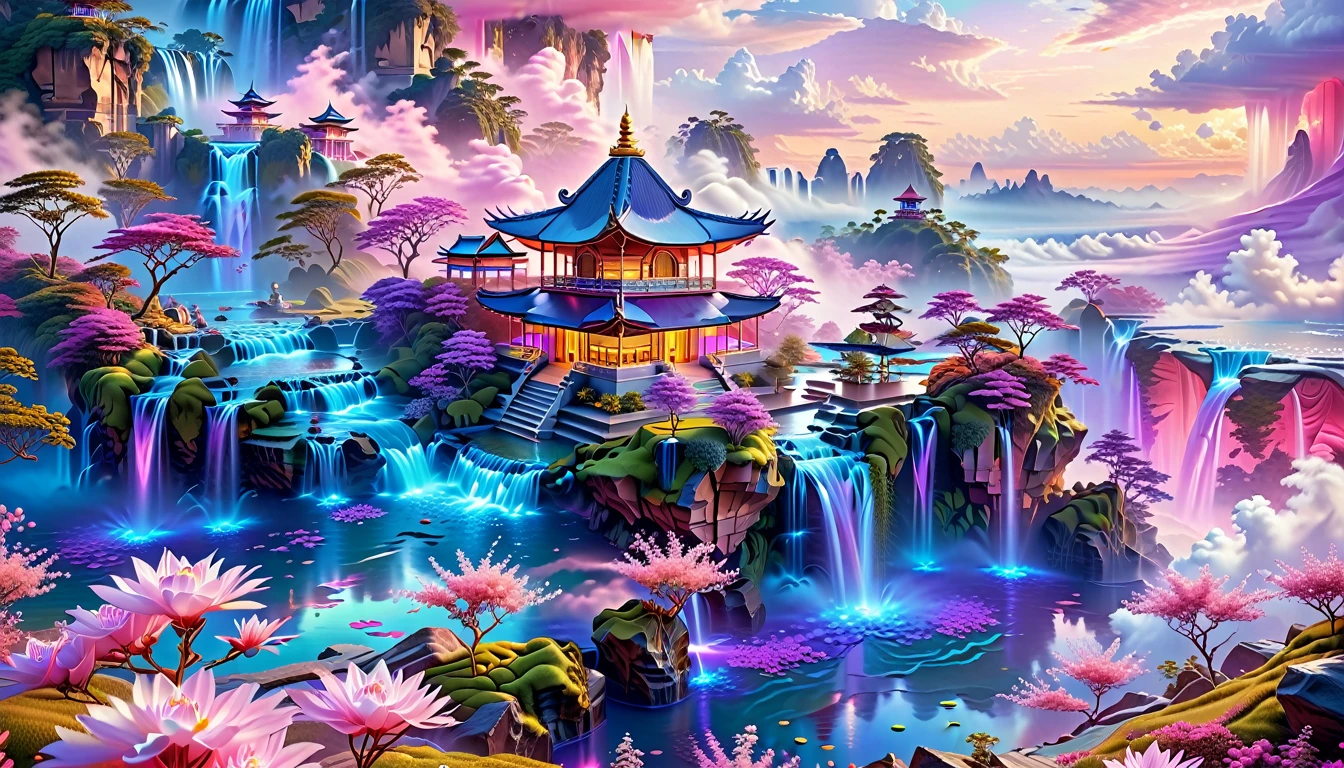 A Masterpiece In 32K Resolution, Supreme Quality, Super Detail, Official Art, Very High-Resolution 32K Wallpaper, Fantastical And Dreamlike, Ultra-Detailed Features, Aerial Serenity. Floating Islands Drift Through A Canvas Of Pastel Skies, Adorned With Fluffy Clouds In Shades Of Pink And Lavender. Waterfalls Cascade From The Islands Into The Ethereal Mist Below, While Delicate, Glowing Flowers Bloom In Vibrant Colors. In The Distance, A Majestic Temple With Intricate Architecture Stands Tall, Basking In The Soft Glow Of Twilight.