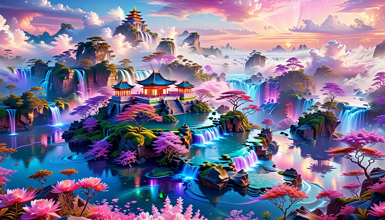 A Masterpiece In 32K Resolution, Supreme Quality, Super Detail, Official Art, Very High-Resolution 32K Wallpaper, Fantastical And Dreamlike, Ultra-Detailed Features, Aerial Serenity. Floating Islands Drift Through A Canvas Of Pastel Skies, Adorned With Fluffy Clouds In Shades Of Pink And Lavender. Waterfalls Cascade From The Islands Into The Ethereal Mist Below, While Delicate, Glowing Flowers Bloom In Vibrant Colors. In The Distance, A Majestic Temple With Intricate Architecture Stands Tall, Basking In The Soft Glow Of Twilight.