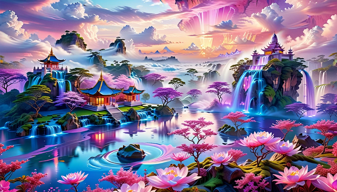 A Masterpiece In 32K Resolution, Supreme Quality, Super Detail, Official Art, Very High-Resolution 32K Wallpaper, Fantastical And Dreamlike, Ultra-Detailed Features, Aerial Serenity. Floating Islands Drift Through A Canvas Of Pastel Skies, Adorned With Fluffy Clouds In Shades Of Pink And Lavender. Waterfalls Cascade From The Islands Into The Ethereal Mist Below, While Delicate, Glowing Flowers Bloom In Vibrant Colors. In The Distance, A Majestic Temple With Intricate Architecture Stands Tall, Basking In The Soft Glow Of Twilight.