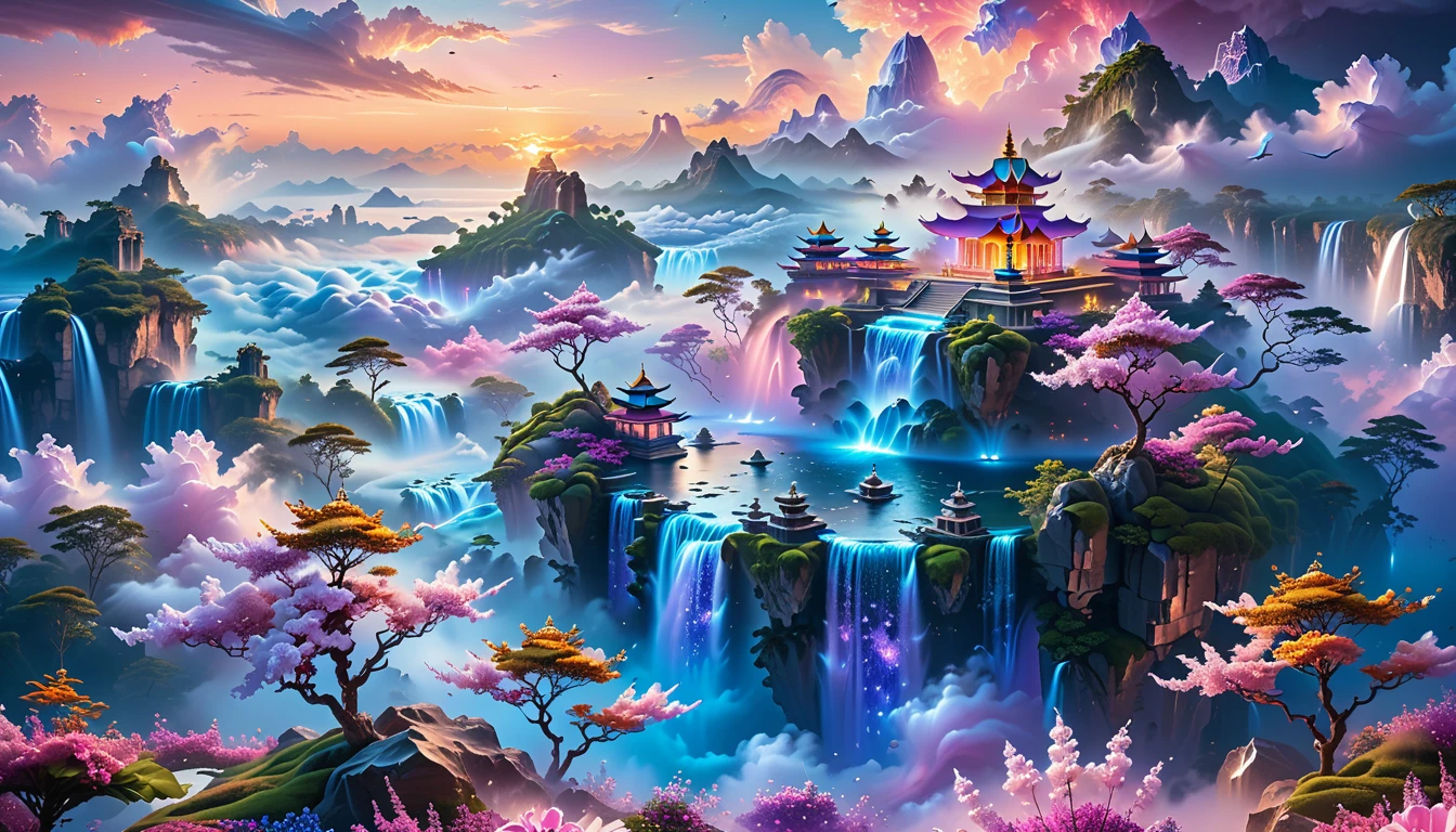 A Masterpiece In 32K Resolution, Supreme Quality, Super Detail, Official Art, Very High-Resolution 32K Wallpaper, Fantastical And Dreamlike, Ultra-Detailed Features, Aerial Serenity. Floating Islands Drift Through A Canvas Of Pastel Skies, Adorned With Fluffy Clouds In Shades Of Pink And Lavender. Waterfalls Cascade From The Islands Into The Ethereal Mist Below, While Delicate, Glowing Flowers Bloom In Vibrant Colors. In The Distance, A Majestic Temple With Intricate Architecture Stands Tall, Basking In The Soft Glow Of Twilight.