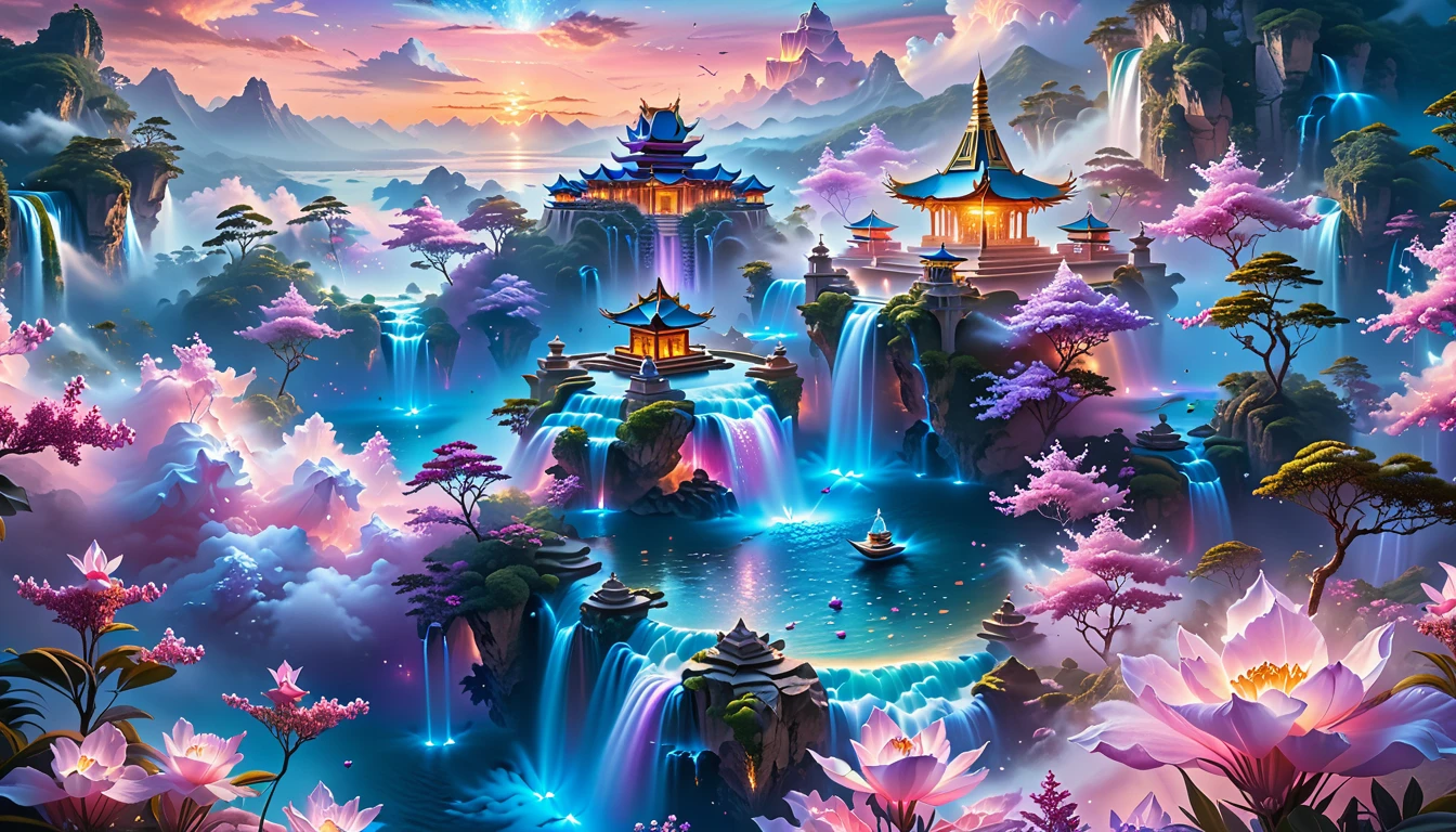 A Masterpiece In 32K Resolution, Supreme Quality, Super Detail, Official Art, Very High-Resolution 32K Wallpaper, Fantastical And Dreamlike, Ultra-Detailed Features, Aerial Serenity. Floating Islands Drift Through A Canvas Of Pastel Skies, Adorned With Fluffy Clouds In Shades Of Pink And Lavender. Waterfalls Cascade From The Islands Into The Ethereal Mist Below, While Delicate, Glowing Flowers Bloom In Vibrant Colors. In The Distance, A Majestic Temple With Intricate Architecture Stands Tall, Basking In The Soft Glow Of Twilight.