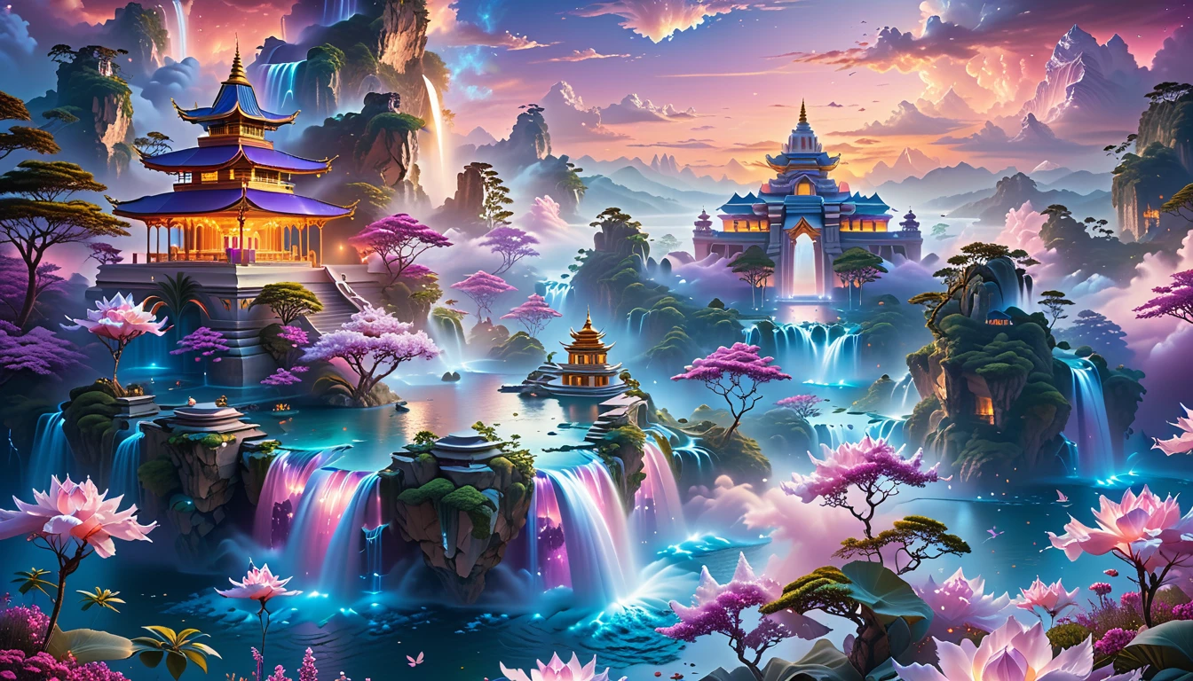 A Masterpiece In 32K Resolution, Supreme Quality, Super Detail, Official Art, Very High-Resolution 32K Wallpaper, Fantastical And Dreamlike, Ultra-Detailed Features, Aerial Serenity. Floating Islands Drift Through A Canvas Of Pastel Skies, Adorned With Fluffy Clouds In Shades Of Pink And Lavender. Waterfalls Cascade From The Islands Into The Ethereal Mist Below, While Delicate, Glowing Flowers Bloom In Vibrant Colors. In The Distance, A Majestic Temple With Intricate Architecture Stands Tall, Basking In The Soft Glow Of Twilight.