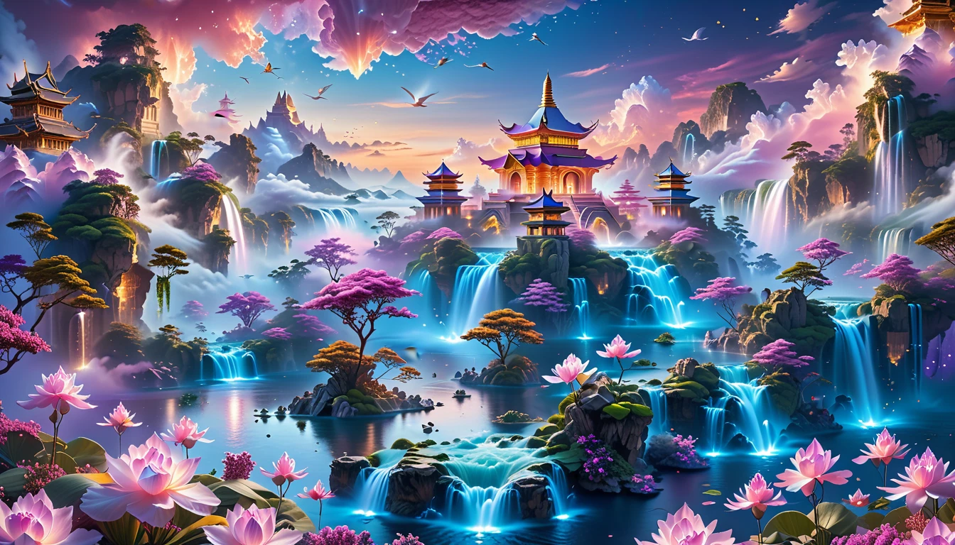 A Masterpiece In 32K Resolution, Supreme Quality, Super Detail, Official Art, Very High-Resolution 32K Wallpaper, Fantastical And Dreamlike, Ultra-Detailed Features, Aerial Serenity. Floating Islands Drift Through A Canvas Of Pastel Skies, Adorned With Fluffy Clouds In Shades Of Pink And Lavender. Waterfalls Cascade From The Islands Into The Ethereal Mist Below, While Delicate, Glowing Flowers Bloom In Vibrant Colors. In The Distance, A Majestic Temple With Intricate Architecture Stands Tall, Basking In The Soft Glow Of Twilight.