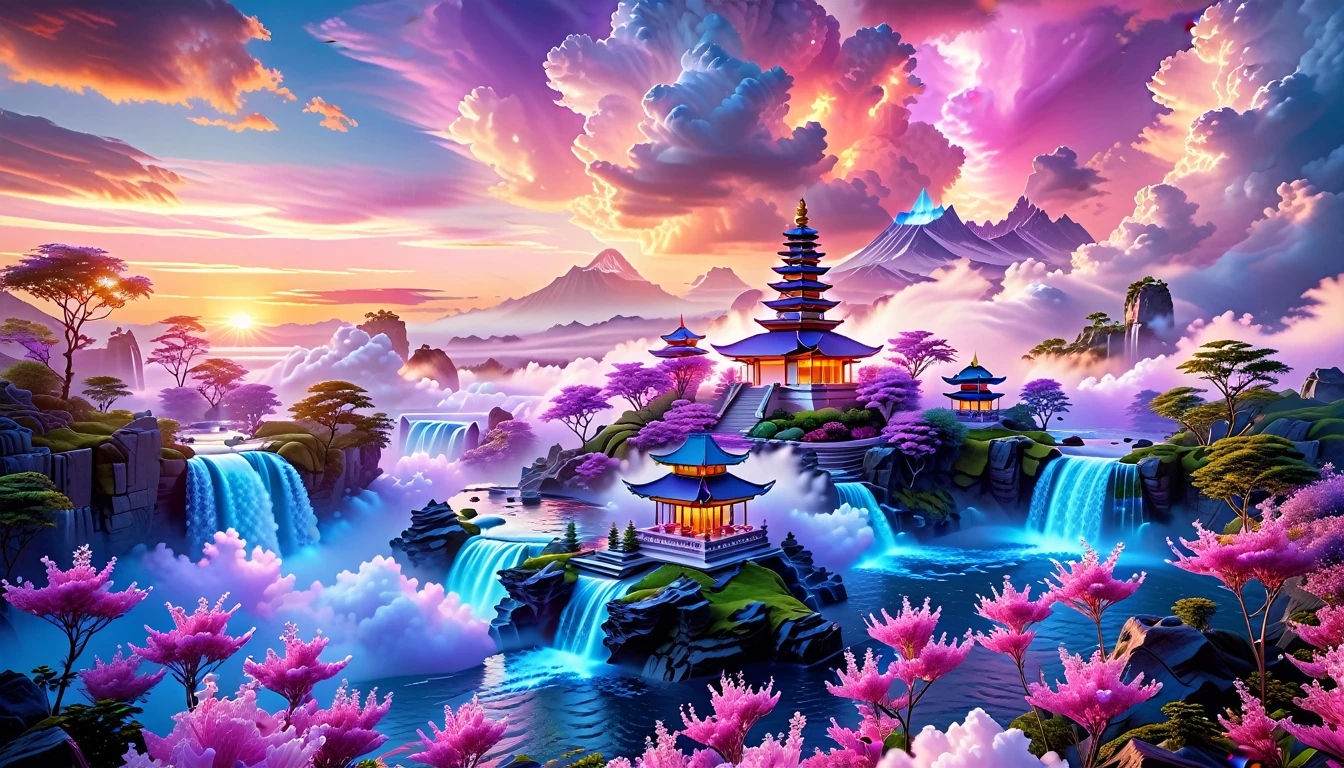 A Masterpiece In 32K Resolution, Supreme Quality, Super Detail, Official Art, Very High-Resolution 32K Wallpaper, Fantastical And Dreamlike, Ultra-Detailed Features, Aerial Serenity. Floating Islands Drift Through A Canvas Of Pastel Skies, Adorned With Fluffy Clouds In Shades Of Pink And Lavender. Waterfalls Cascade From The Islands Into The Ethereal Mist Below, While Delicate, Glowing Flowers Bloom In Vibrant Colors. In The Distance, A Majestic Temple With Intricate Architecture Stands Tall, Basking In The Soft Glow Of Twilight.