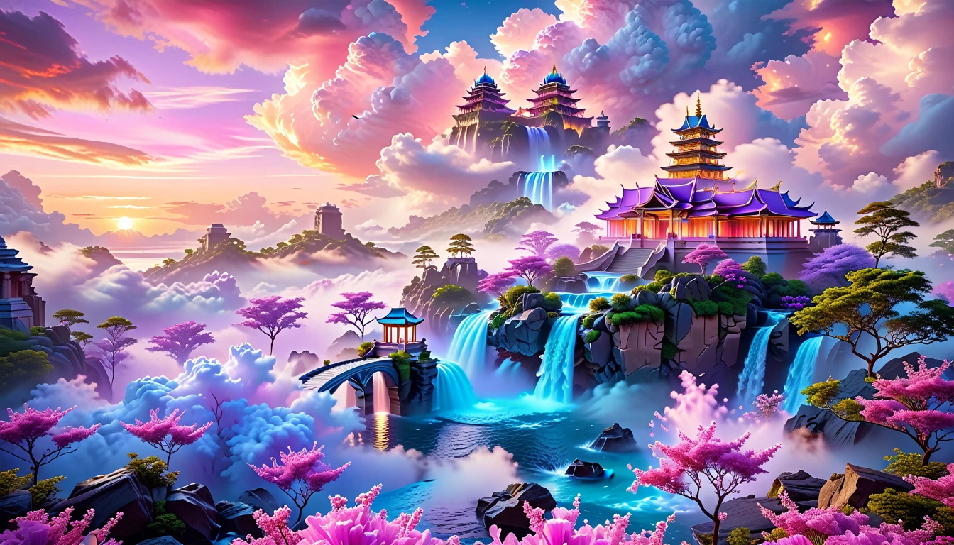 A Masterpiece In 32K Resolution, Supreme Quality, Super Detail, Official Art, Very High-Resolution 32K Wallpaper, Fantastical And Dreamlike, Ultra-Detailed Features, Aerial Serenity. Floating Islands Drift Through A Canvas Of Pastel Skies, Adorned With Fluffy Clouds In Shades Of Pink And Lavender. Waterfalls Cascade From The Islands Into The Ethereal Mist Below, While Delicate, Glowing Flowers Bloom In Vibrant Colors. In The Distance, A Majestic Temple With Intricate Architecture Stands Tall, Basking In The Soft Glow Of Twilight.