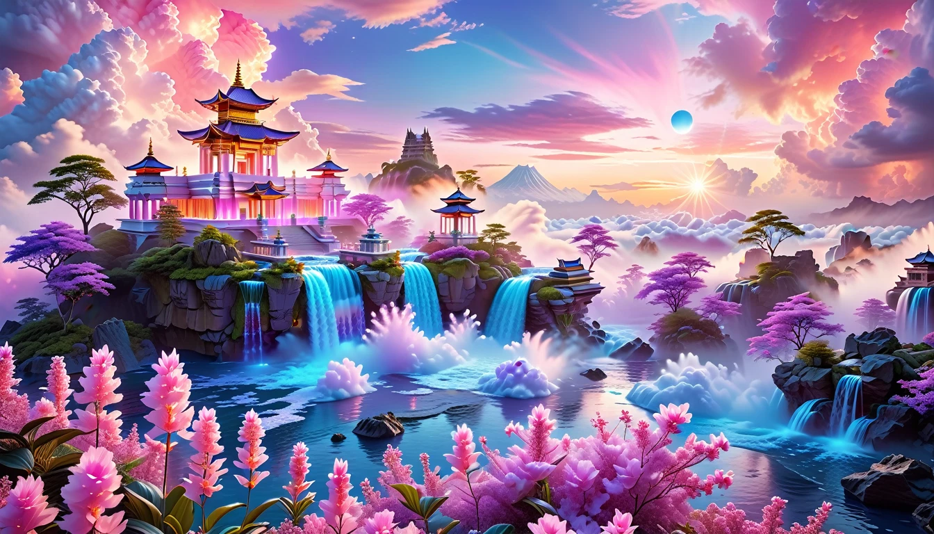 A Masterpiece In 32K Resolution, Supreme Quality, Super Detail, Official Art, Very High-Resolution 32K Wallpaper, Fantastical And Dreamlike, Ultra-Detailed Features, Aerial Serenity. Floating Islands Drift Through A Canvas Of Pastel Skies, Adorned With Fluffy Clouds In Shades Of Pink And Lavender. Waterfalls Cascade From The Islands Into The Ethereal Mist Below, While Delicate, Glowing Flowers Bloom In Vibrant Colors. In The Distance, A Majestic Temple With Intricate Architecture Stands Tall, Basking In The Soft Glow Of Twilight.