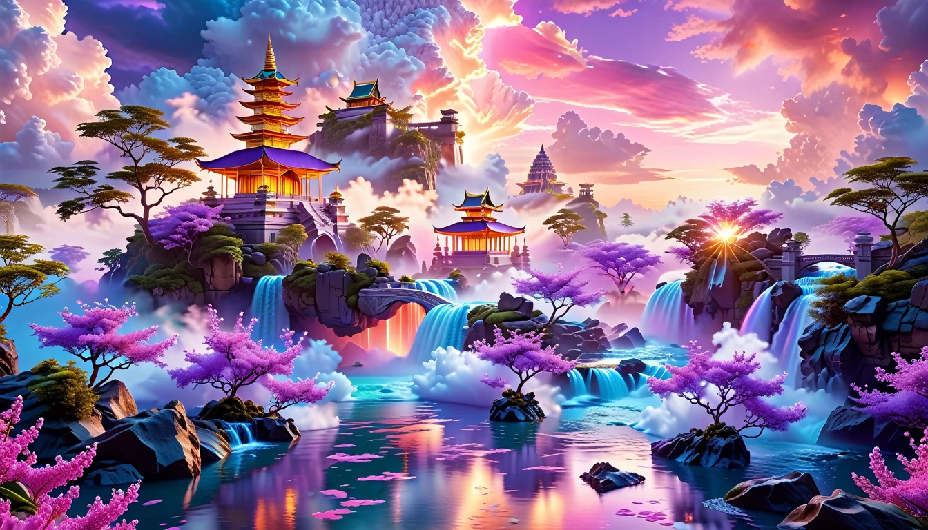 A Masterpiece In 32K Resolution, Supreme Quality, Super Detail, Official Art, Very High-Resolution 32K Wallpaper, Fantastical And Dreamlike, Ultra-Detailed Features, Aerial Serenity. Floating Islands Drift Through A Canvas Of Pastel Skies, Adorned With Fluffy Clouds In Shades Of Pink And Lavender. Waterfalls Cascade From The Islands Into The Ethereal Mist Below, While Delicate, Glowing Flowers Bloom In Vibrant Colors. In The Distance, A Majestic Temple With Intricate Architecture Stands Tall, Basking In The Soft Glow Of Twilight.