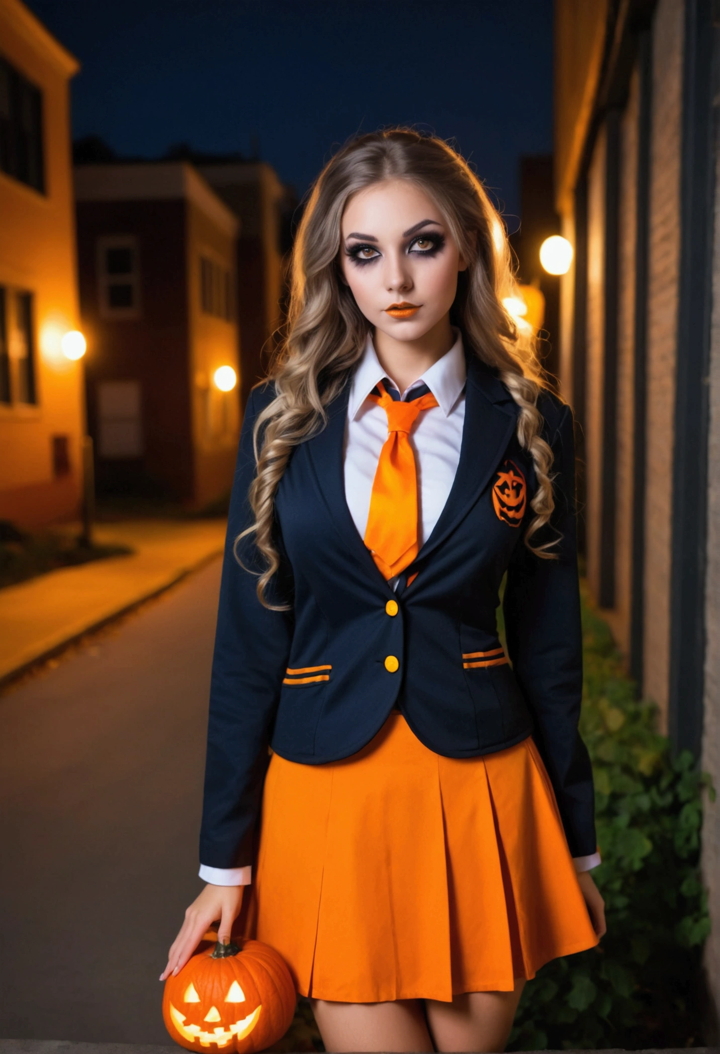 school girl costume , city , dusk <lora:Sarah_Jane_Honeywell:1> masterpiece,best quality, detailed face, 1girl, solo, sj1873h, blonde_hair