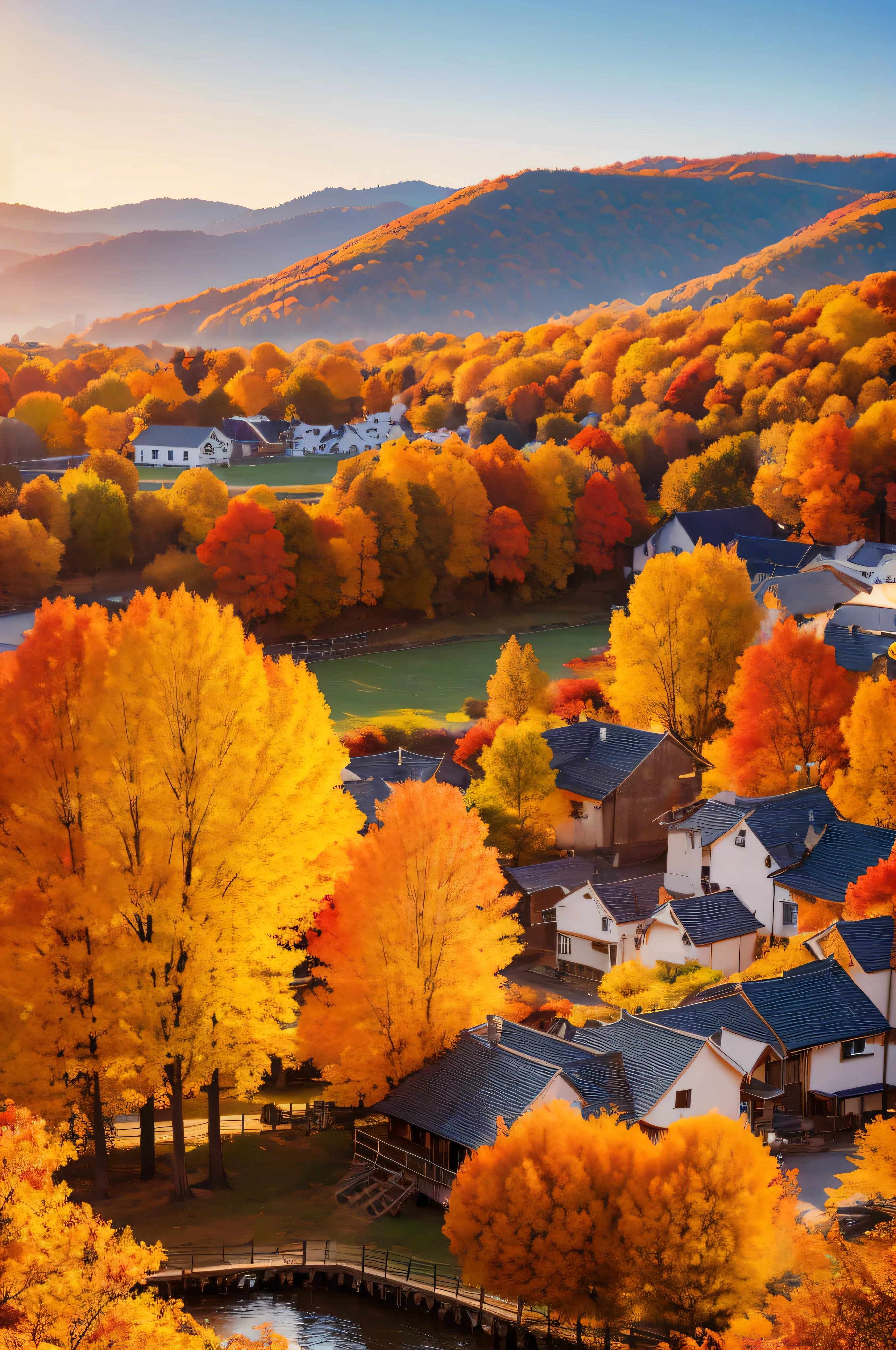 Beautiful autumn scenery，Peaceful and tranquil village