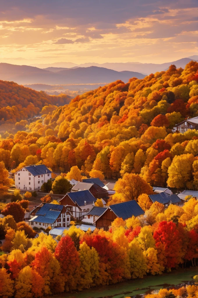 Beautiful view in autumn，Peaceful and peaceful village