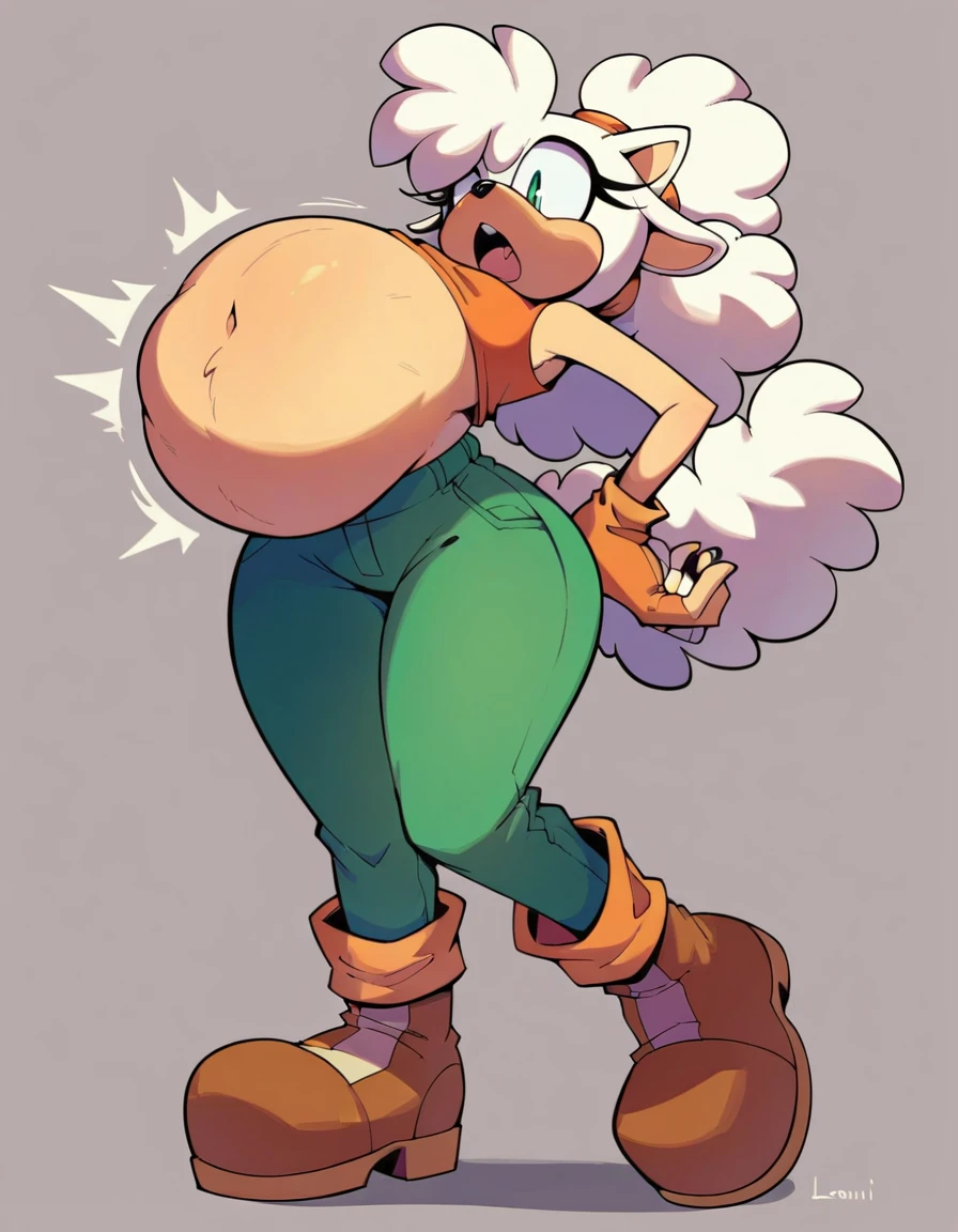 score_9, score_8_up, flat color, flat shading, 1girl, solo, lanolin the sheep, sonic (series), wide hips, narrow waist, orange tank top, green pants, brown boots Vore large belly inside guntiver The Arctic wolf male stomach outlines body guntiver The Arctic wolf male
