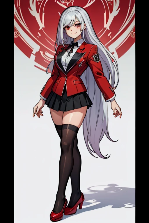 female, silver long hair, red eyes, (((1girl))), (((red blazer))), (black pleated skirt), (white socks), (black Mary Jane shoes), (black ribbon), cute and sexy, full body, big breasts, long legs, smiling