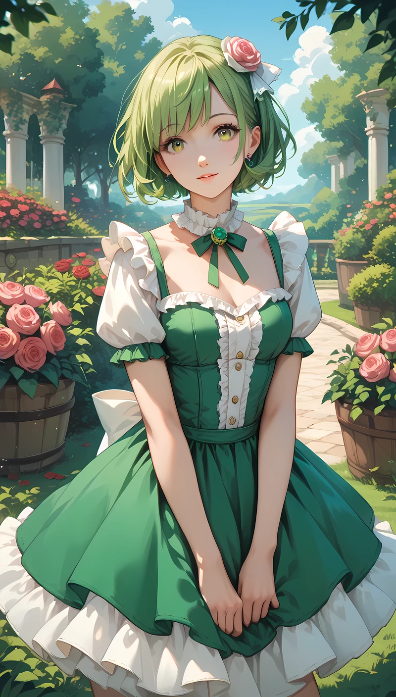 ((masterpiece)), (super detail:1.2), high quality, best quality, highres, 8k, cute, Yellow-green hair, short length hair, Ruffled dress with ribbon, pop, 1 girl, at rose garden