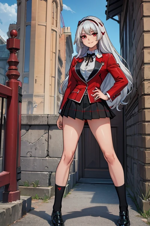 female, silver long hair, red eyes, (((1girl))), (((red blazer))), (black pleated skirt), (white socks), (black shoes), (black ribbon), cute and sexy, full body, big breasts, long legs, smiling