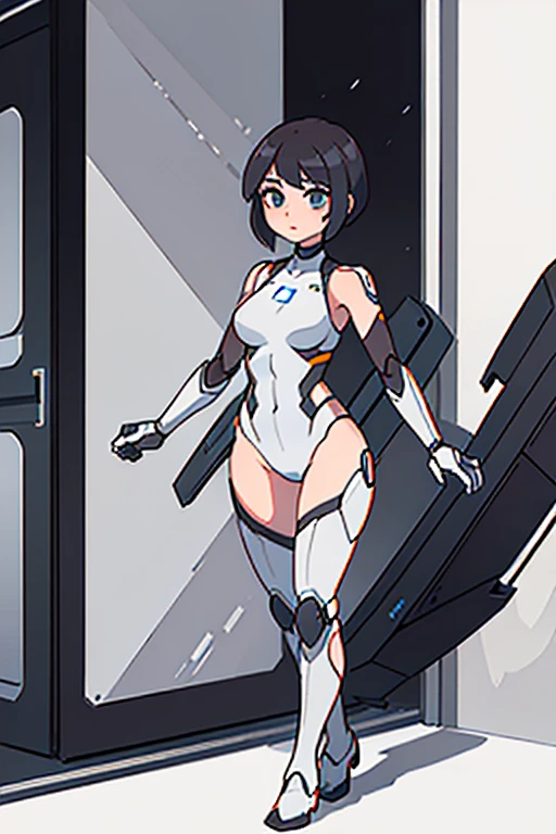 masterpiece, best quality, 1girl, tall body, beautiful detailed eyes, beautiful detailed face, cute face, perfect hands, complete fingers, perfect anatomy, perfect proportions, ((hat, police hat)), ((leotard, gymnastics leotard, matching leotard)), ((thigh-high boots, matching boots)), breasts, medium breasts, covered navel, fingerless gloves, (full body portrait), looking at viewer, solo, solo focus, standing, (ValkyriePoliceStudent), cowboy shot, space station backdrop, (armbands, white sleeves), full body costume design