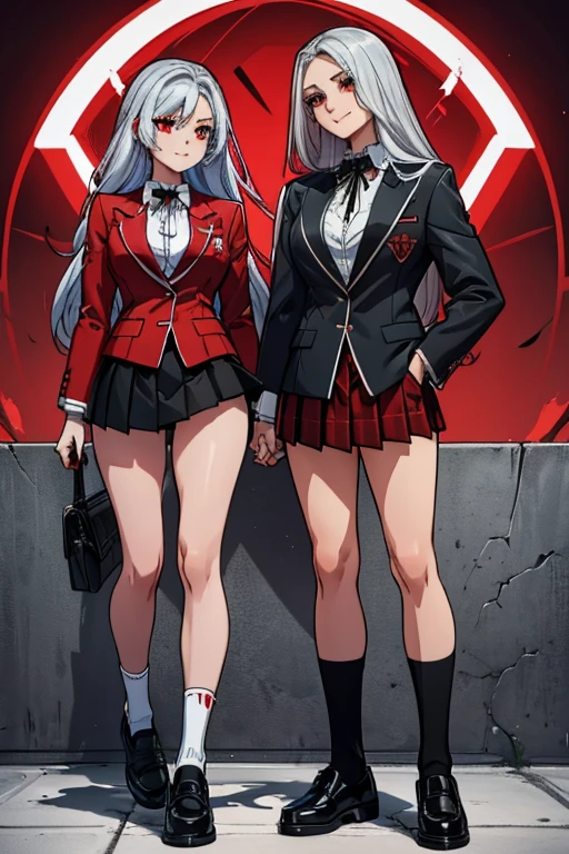 female, silver long hair, red eyes, (((1girl))), (((red blazer))), (black pleated skirt), (white socks), (black shoes), (black ribbon), cute and sexy, full body, big breasts, long legs, smiling