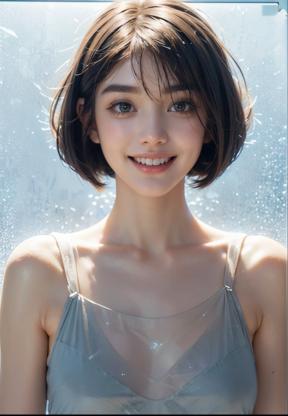 ((highest quality、Masterpiece、High resolution))、(((Zoom photo of upper body、Wet body、Wet Hair)))、(A shy smile:1.2)、One woman, aged 20、Beautiful Skin、Beautiful Eyes、Swimwear、Trimmed bangs