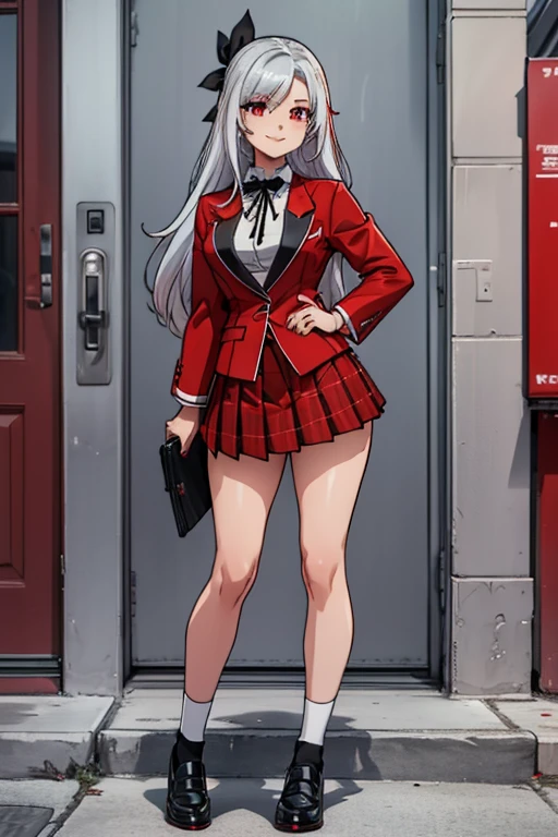 female, silver long hair, red eyes, (((1girl))), (((red blazer))), (black pleated skirt), (white socks), (black shoes), (black ribbon), cute and sexy, full body, big breasts, long legs, smiling