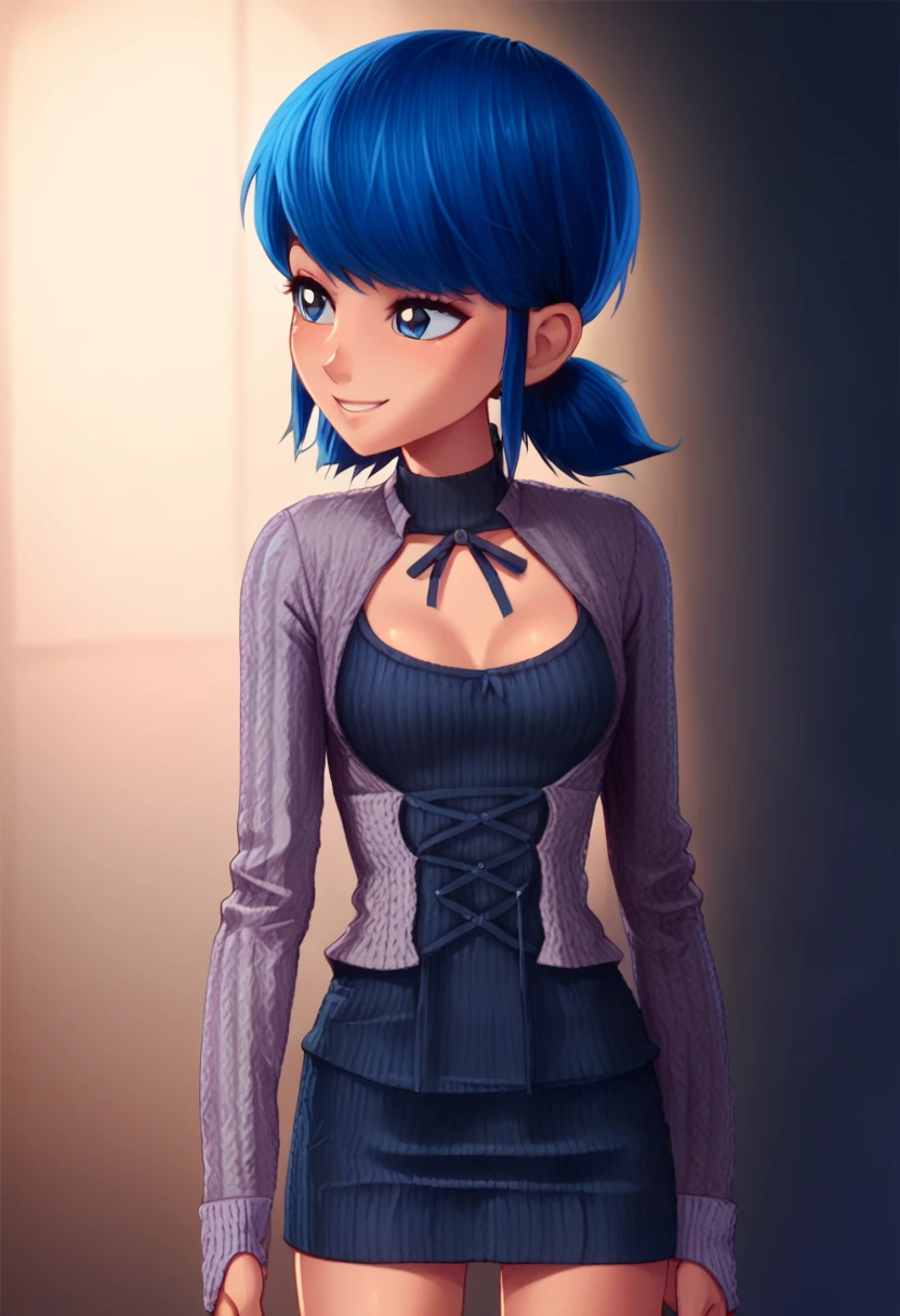 short dress, ribbed dress, cross-laced clothes, knit sweater, deep blue hair, smile, subiéndose la falda mostrando su calzon