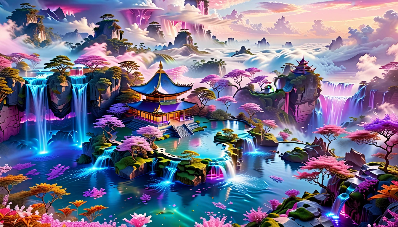 A Masterpiece In 32K Resolution, Supreme Quality, Super Detail, Official Art, Very High-Resolution 32K Wallpaper, Fantastical And Dreamlike, Ultra-Detailed Features, Aerial Serenity. Floating Islands Drift Through A Canvas Of Pastel Skies, Adorned With Fluffy Clouds In Shades Of Pink And Lavender. Waterfalls Cascade From The Islands Into The Ethereal Mist Below, While Delicate, Glowing Flowers Bloom In Vibrant Colors. In The Distance, A Majestic Temple With Intricate Architecture Stands Tall, Basking In The Soft Glow Of Twilight.