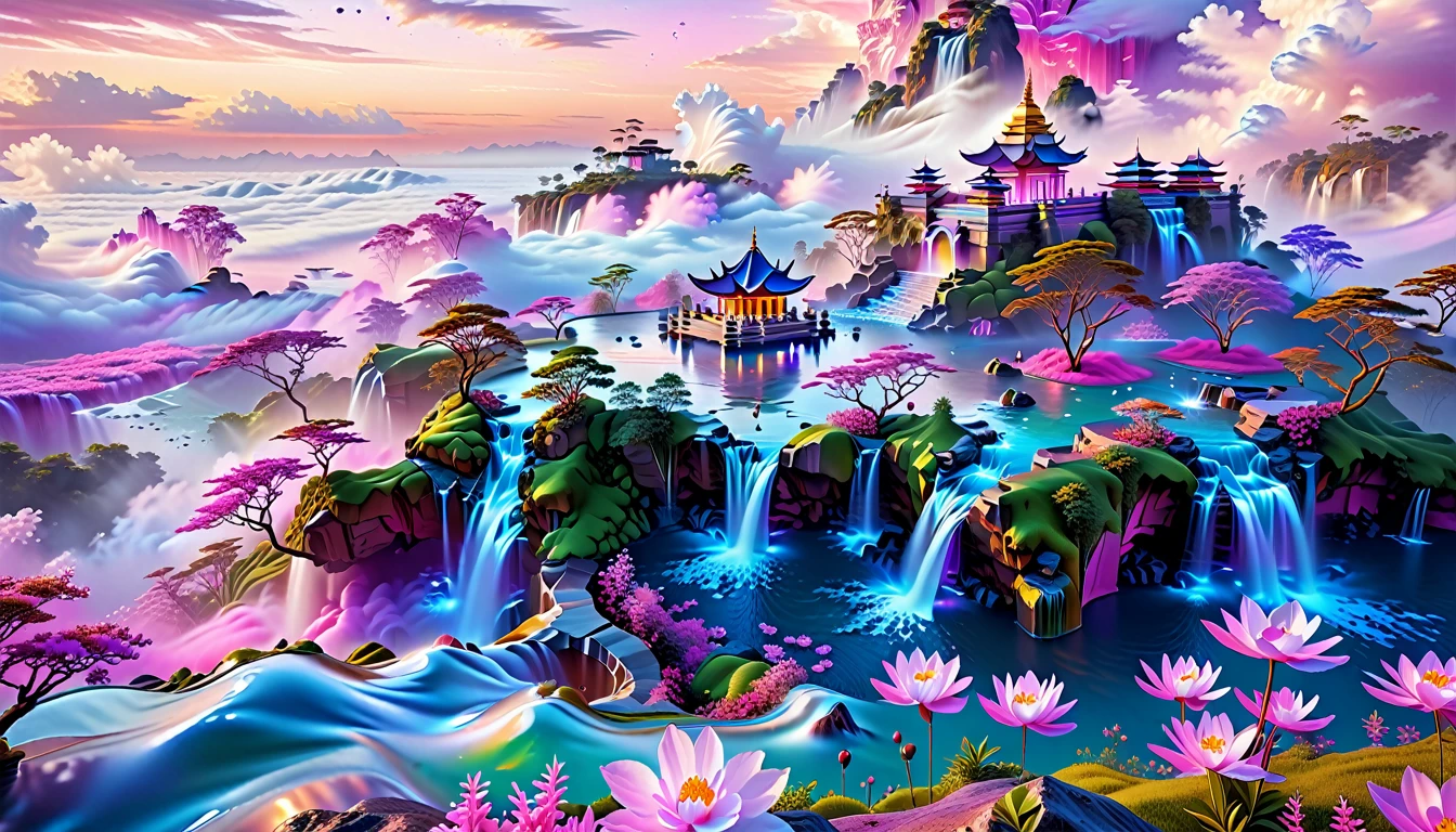 A Masterpiece In 32K Resolution, Supreme Quality, Super Detail, Official Art, Very High-Resolution 32K Wallpaper, Fantastical And Dreamlike, Ultra-Detailed Features, Aerial Serenity. Floating Islands Drift Through A Canvas Of Pastel Skies, Adorned With Fluffy Clouds In Shades Of Pink And Lavender. Waterfalls Cascade From The Islands Into The Ethereal Mist Below, While Delicate, Glowing Flowers Bloom In Vibrant Colors. In The Distance, A Majestic Temple With Intricate Architecture Stands Tall, Basking In The Soft Glow Of Twilight.