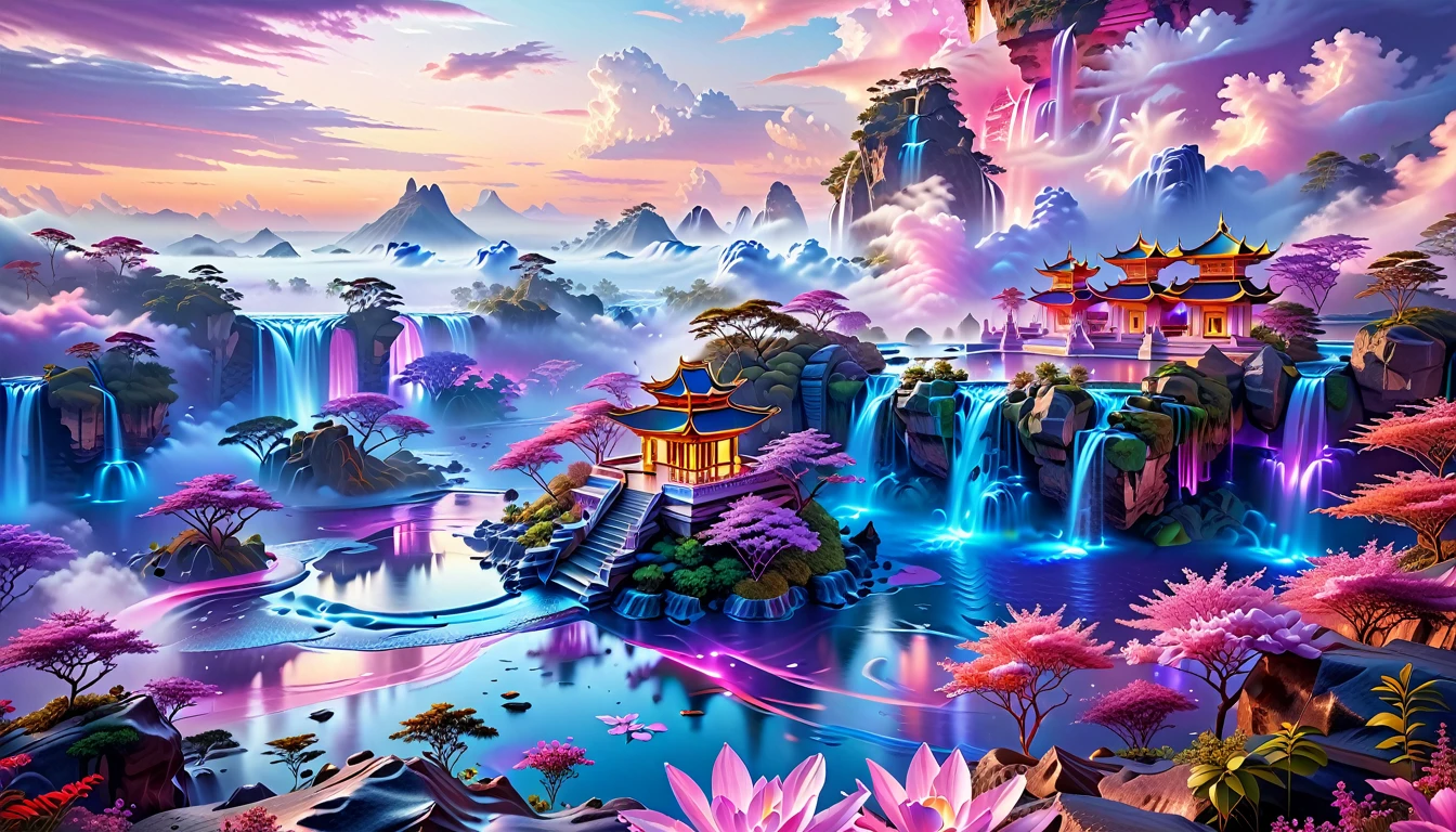 A Masterpiece In 32K Resolution, Supreme Quality, Super Detail, Official Art, Very High-Resolution 32K Wallpaper, Fantastical And Dreamlike, Ultra-Detailed Features, Aerial Serenity. Floating Islands Drift Through A Canvas Of Pastel Skies, Adorned With Fluffy Clouds In Shades Of Pink And Lavender. Waterfalls Cascade From The Islands Into The Ethereal Mist Below, While Delicate, Glowing Flowers Bloom In Vibrant Colors. In The Distance, A Majestic Temple With Intricate Architecture Stands Tall, Basking In The Soft Glow Of Twilight.