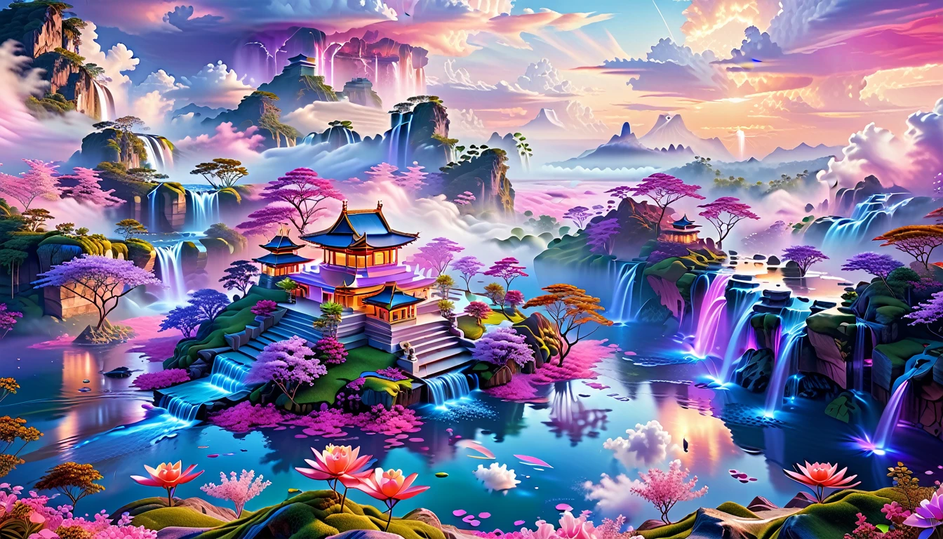 A Masterpiece In 32K Resolution, Supreme Quality, Super Detail, Official Art, Very High-Resolution 32K Wallpaper, Fantastical And Dreamlike, Ultra-Detailed Features, Aerial Serenity. Floating Islands Drift Through A Canvas Of Pastel Skies, Adorned With Fluffy Clouds In Shades Of Pink And Lavender. Waterfalls Cascade From The Islands Into The Ethereal Mist Below, While Delicate, Glowing Flowers Bloom In Vibrant Colors. In The Distance, A Majestic Temple With Intricate Architecture Stands Tall, Basking In The Soft Glow Of Twilight.