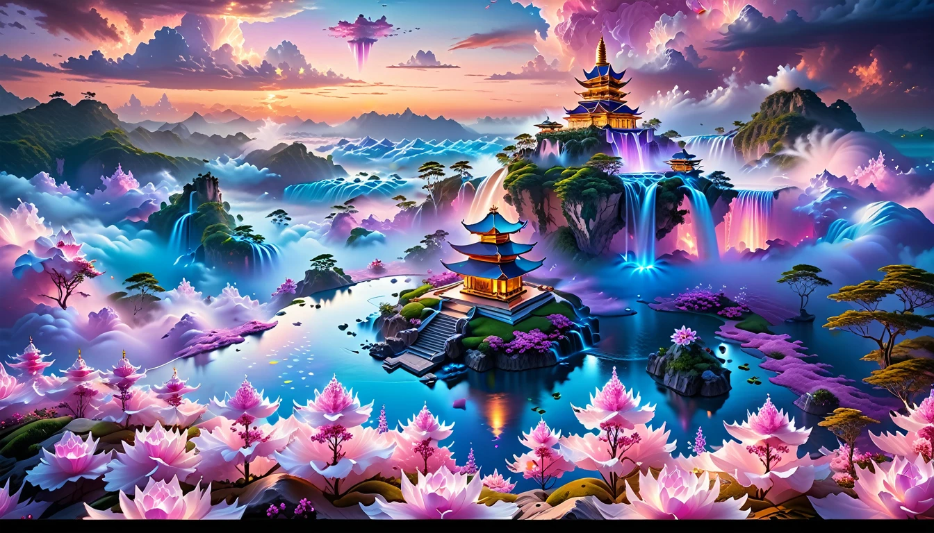 A Masterpiece In 32K Resolution, Supreme Quality, Super Detail, Official Art, Very High-Resolution 32K Wallpaper, Fantastical And Dreamlike, Ultra-Detailed Features, Aerial Serenity. Floating Islands Drift Through A Canvas Of Pastel Skies, Adorned With Fluffy Clouds In Shades Of Pink And Lavender. Waterfalls Cascade From The Islands Into The Ethereal Mist Below, While Delicate, Glowing Flowers Bloom In Vibrant Colors. In The Distance, A Majestic Temple With Intricate Architecture Stands Tall, Basking In The Soft Glow Of Twilight.