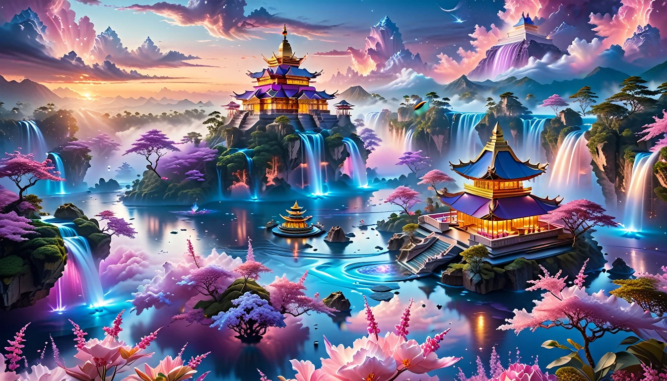 A Masterpiece In 32K Resolution, Supreme Quality, Super Detail, Official Art, Very High-Resolution 32K Wallpaper, Fantastical And Dreamlike, Ultra-Detailed Features, Aerial Serenity. Floating Islands Drift Through A Canvas Of Pastel Skies, Adorned With Fluffy Clouds In Shades Of Pink And Lavender. Waterfalls Cascade From The Islands Into The Ethereal Mist Below, While Delicate, Glowing Flowers Bloom In Vibrant Colors. In The Distance, A Majestic Temple With Intricate Architecture Stands Tall, Basking In The Soft Glow Of Twilight.