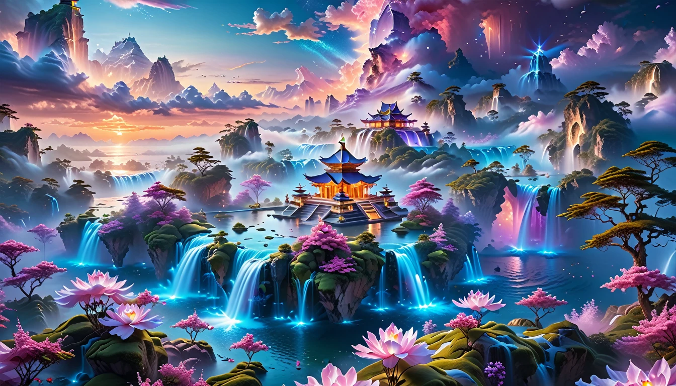 A Masterpiece In 32K Resolution, Supreme Quality, Super Detail, Official Art, Very High-Resolution 32K Wallpaper, Fantastical And Dreamlike, Ultra-Detailed Features, Aerial Serenity. Floating Islands Drift Through A Canvas Of Pastel Skies, Adorned With Fluffy Clouds In Shades Of Pink And Lavender. Waterfalls Cascade From The Islands Into The Ethereal Mist Below, While Delicate, Glowing Flowers Bloom In Vibrant Colors. In The Distance, A Majestic Temple With Intricate Architecture Stands Tall, Basking In The Soft Glow Of Twilight.