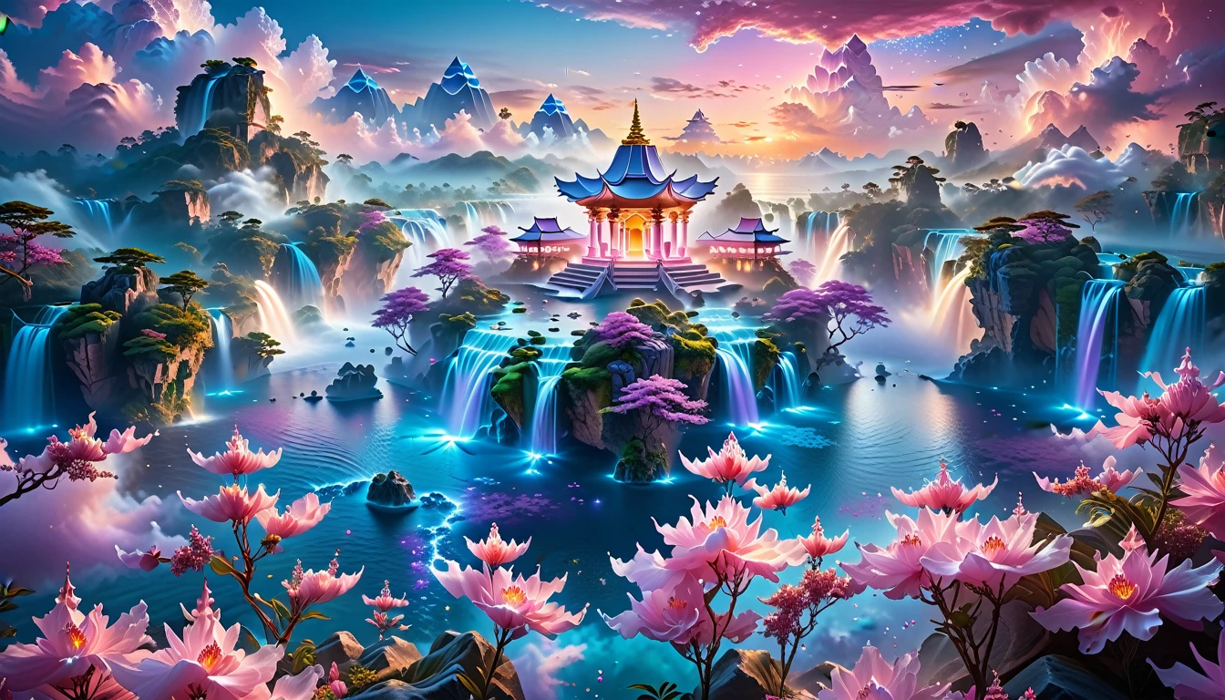 A Masterpiece In 32K Resolution, Supreme Quality, Super Detail, Official Art, Very High-Resolution 32K Wallpaper, Fantastical And Dreamlike, Ultra-Detailed Features, Aerial Serenity. Floating Islands Drift Through A Canvas Of Pastel Skies, Adorned With Fluffy Clouds In Shades Of Pink And Lavender. Waterfalls Cascade From The Islands Into The Ethereal Mist Below, While Delicate, Glowing Flowers Bloom In Vibrant Colors. In The Distance, A Majestic Temple With Intricate Architecture Stands Tall, Basking In The Soft Glow Of Twilight.