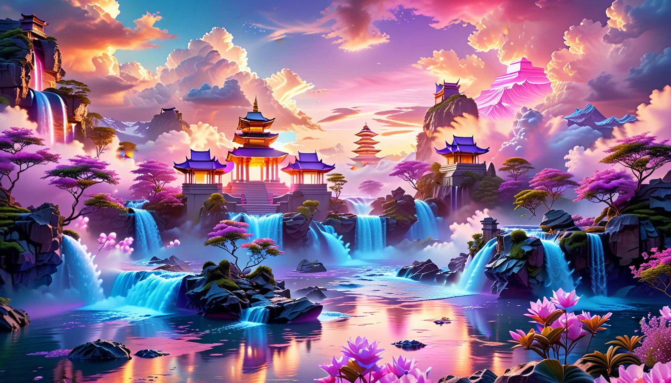 A Masterpiece In 32K Resolution, Supreme Quality, Super Detail, Official Art, Very High-Resolution 32K Wallpaper, Fantastical And Dreamlike, Ultra-Detailed Features, Aerial Serenity. Floating Islands Drift Through A Canvas Of Pastel Skies, Adorned With Fluffy Clouds In Shades Of Pink And Lavender. Waterfalls Cascade From The Islands Into The Ethereal Mist Below, While Delicate, Glowing Flowers Bloom In Vibrant Colors. In The Distance, A Majestic Temple With Intricate Architecture Stands Tall, Basking In The Soft Glow Of Twilight.