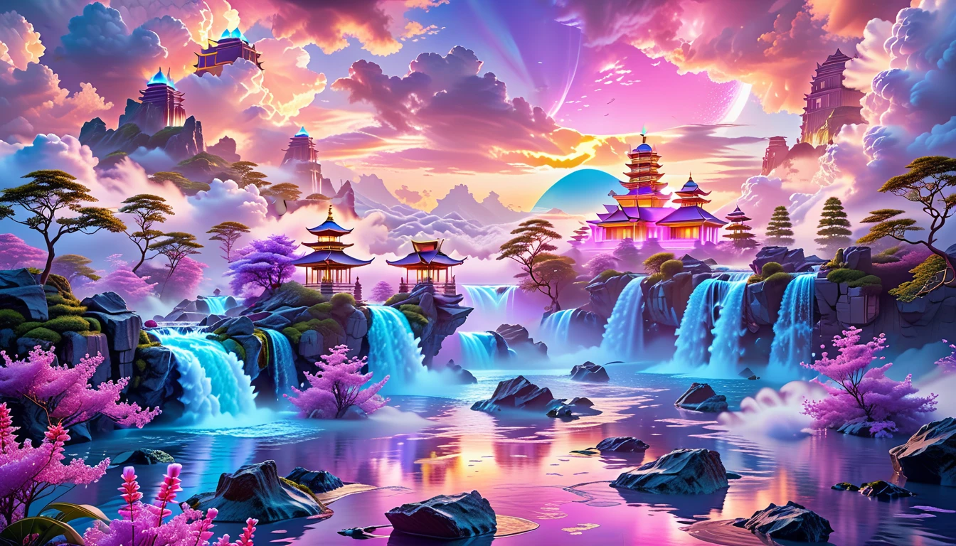 A Masterpiece In 32K Resolution, Supreme Quality, Super Detail, Official Art, Very High-Resolution 32K Wallpaper, Fantastical And Dreamlike, Ultra-Detailed Features, Aerial Serenity. Floating Islands Drift Through A Canvas Of Pastel Skies, Adorned With Fluffy Clouds In Shades Of Pink And Lavender. Waterfalls Cascade From The Islands Into The Ethereal Mist Below, While Delicate, Glowing Flowers Bloom In Vibrant Colors. In The Distance, A Majestic Temple With Intricate Architecture Stands Tall, Basking In The Soft Glow Of Twilight.