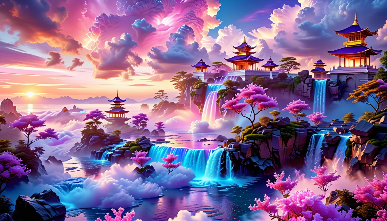 A Masterpiece In 32K Resolution, Supreme Quality, Super Detail, Official Art, Very High-Resolution 32K Wallpaper, Fantastical And Dreamlike, Ultra-Detailed Features, Aerial Serenity. Floating Islands Drift Through A Canvas Of Pastel Skies, Adorned With Fluffy Clouds In Shades Of Pink And Lavender. Waterfalls Cascade From The Islands Into The Ethereal Mist Below, While Delicate, Glowing Flowers Bloom In Vibrant Colors. In The Distance, A Majestic Temple With Intricate Architecture Stands Tall, Basking In The Soft Glow Of Twilight.