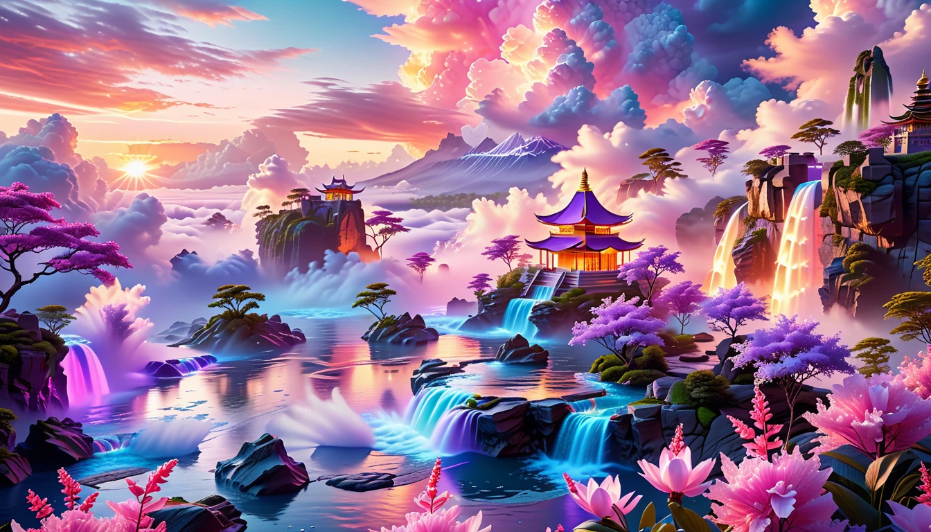 A Masterpiece In 32K Resolution, Supreme Quality, Super Detail, Official Art, Very High-Resolution 32K Wallpaper, Fantastical And Dreamlike, Ultra-Detailed Features, Aerial Serenity. Floating Islands Drift Through A Canvas Of Pastel Skies, Adorned With Fluffy Clouds In Shades Of Pink And Lavender. Waterfalls Cascade From The Islands Into The Ethereal Mist Below, While Delicate, Glowing Flowers Bloom In Vibrant Colors. In The Distance, A Majestic Temple With Intricate Architecture Stands Tall, Basking In The Soft Glow Of Twilight.