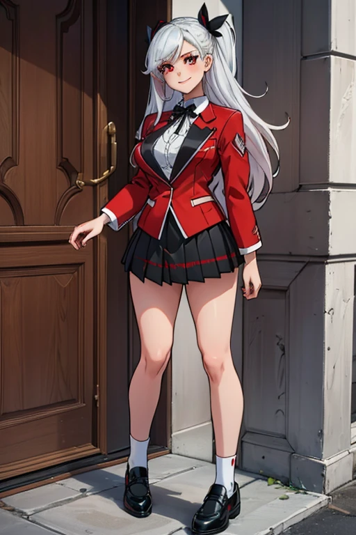 female, silver long hair, red eyes, (((1girl))), (((red blazer))), (black pleated skirt), (white socks), (black shoes), (black ribbon), cute and sexy, full body, big breasts, long legs, smiling