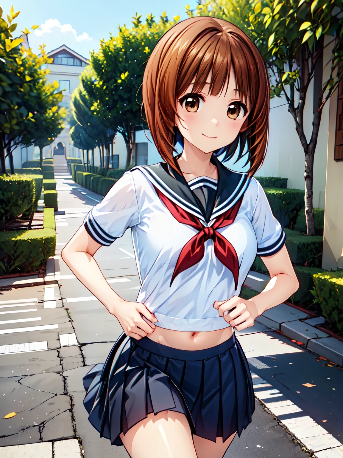 最High image quality, High image quality, High resolution, (Anime illustration style)、Nishizumi、Bobcut、Beautiful brown hair、Very detailed、School、stroll,(uniform、skirt:1.3),　最High image quality、smile、(running:1.5),Flowing Background:1.3、4Ｋ，8Ｋ,(Genuine、Genuine志向、写真Genuine志向:1.5）、High resolution、超High resolution、Ultra High Definition Painting、whole body、ロングskirt、Cowboy Shot