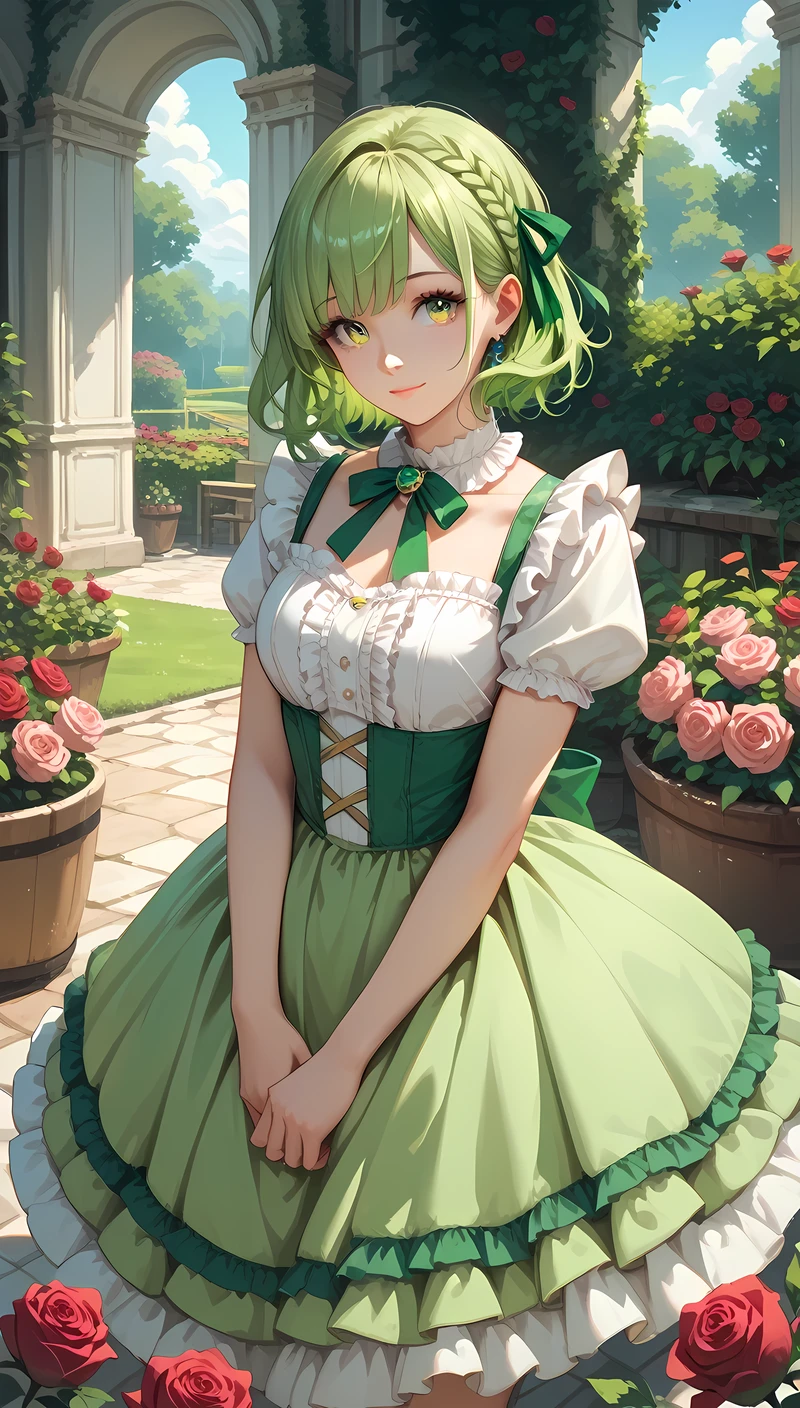 ((masterpiece)), (super detail:1.2), high quality, best quality, highres, 8k, cute, Yellow-green hair, medium length hair, Ruffled dress with ribbon, pop, 1 girl, at rose garden