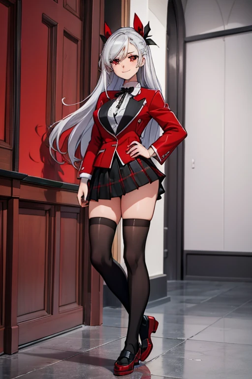 female, silver long hair, red eyes, (((1girl))), (((red blazer))), (black pleated skirt), (white knee high socks), (black shoes), (black ribbon), cute and sexy, full body, big breasts, long legs, smiling