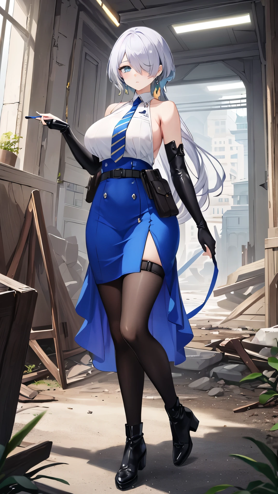 (masterpiece, best quality, ultra detailed, absurdres:1.5), 1girl, (,beautiful woman, perfect face, perfect eyes, perfect female body, large breasts:1.5), (nikkebrid, white hair, low ponytail, hair over one eye, earrings, garrison cap, sleeveless shirt, long skirt, blue necktie, belt pouch, elbow gloves, high heel boots, ), (standing, indoors, ruin_landscape), perfect lighting, smooth, hdr